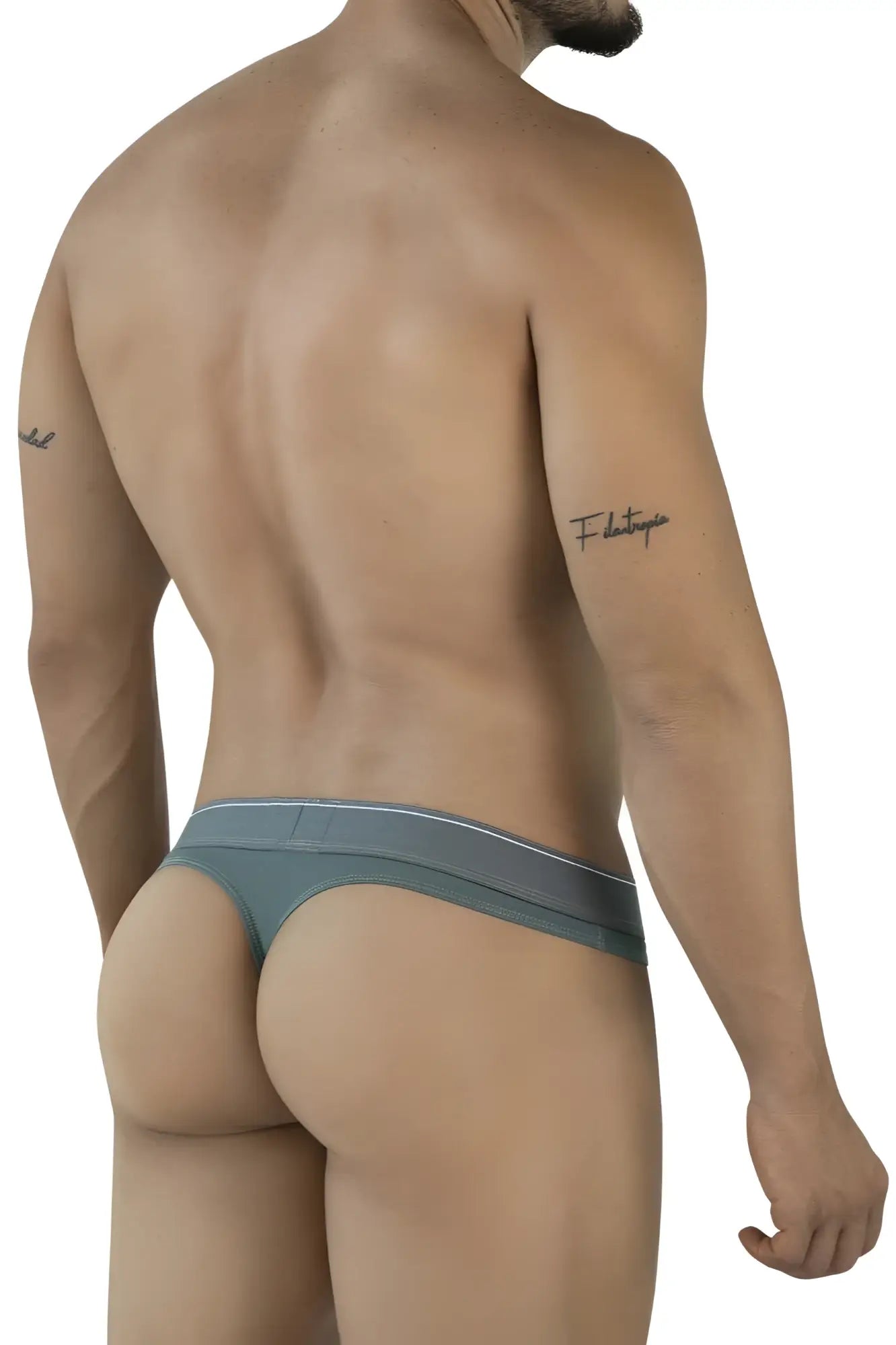 Gray clever 2044 mendoza thong with white trim showing the front in green color and soft fabric material