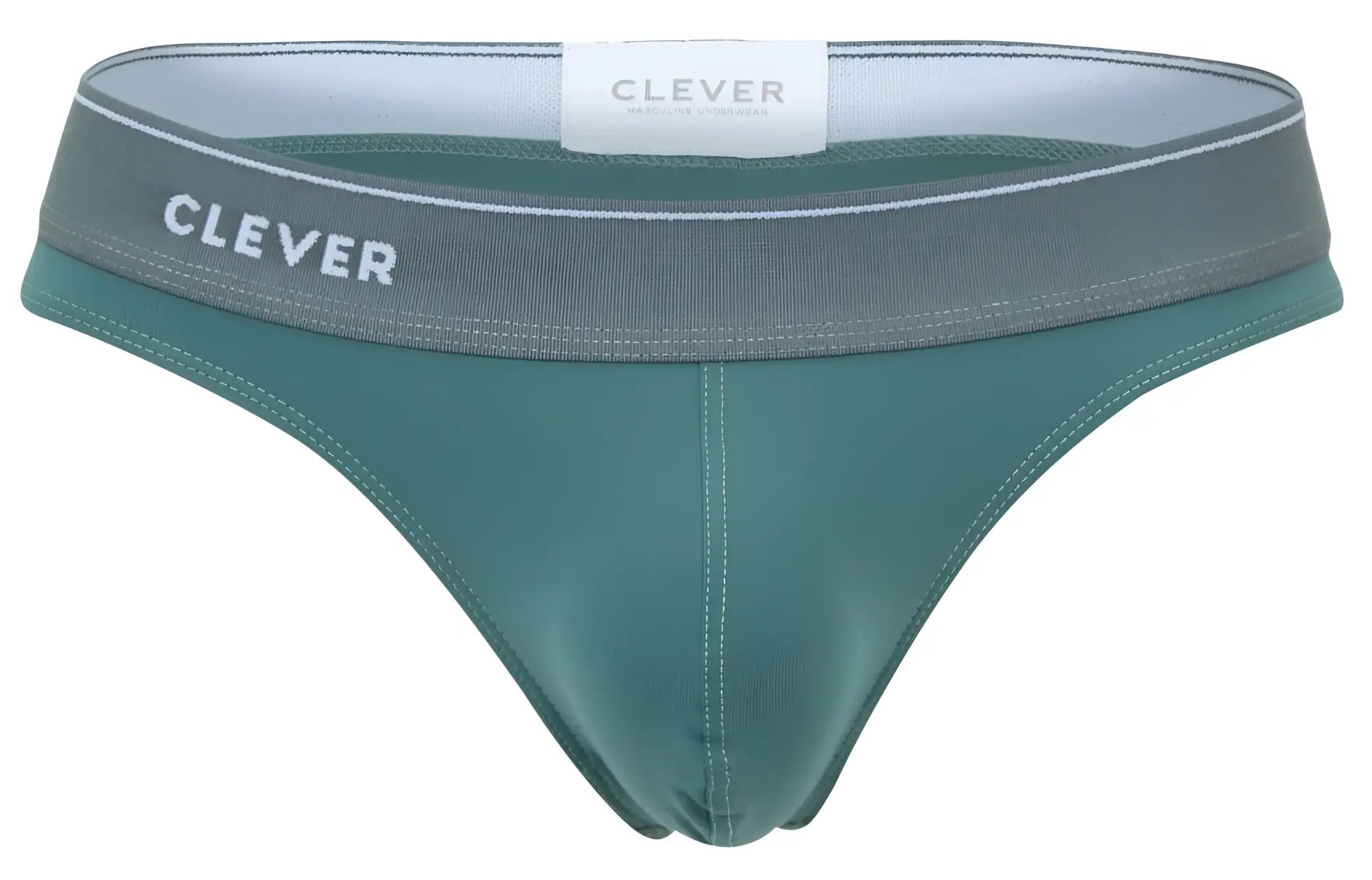 Teal seamless briefs with a gray waistband featuring clever branding from the clever 2044 mendoza thongs color green line