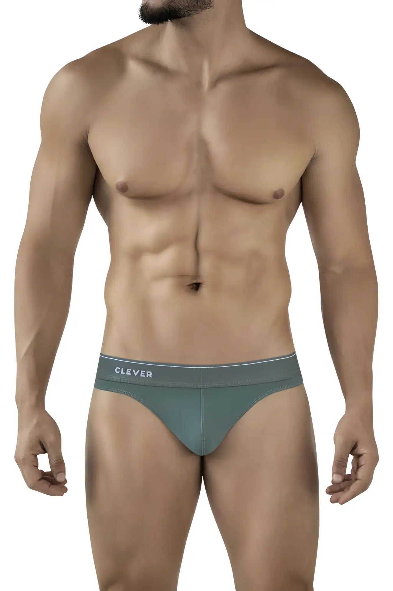 Teal green clever 2044 mendoza seamless briefs with white clever logo on waistband in front view