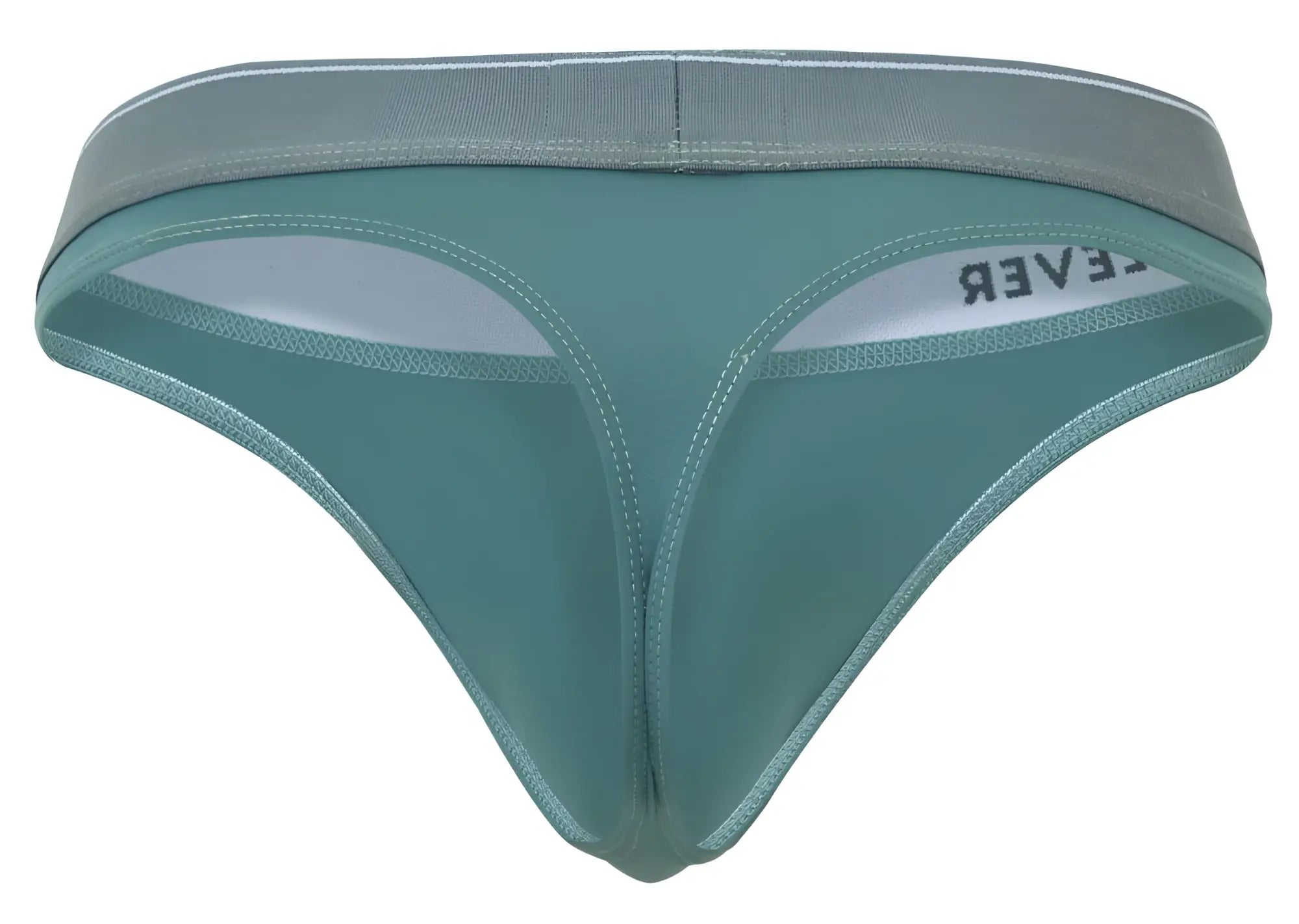 Teal clever 2044 mendoza thong with gray elastic waistband white inner lining and lever brand on the side