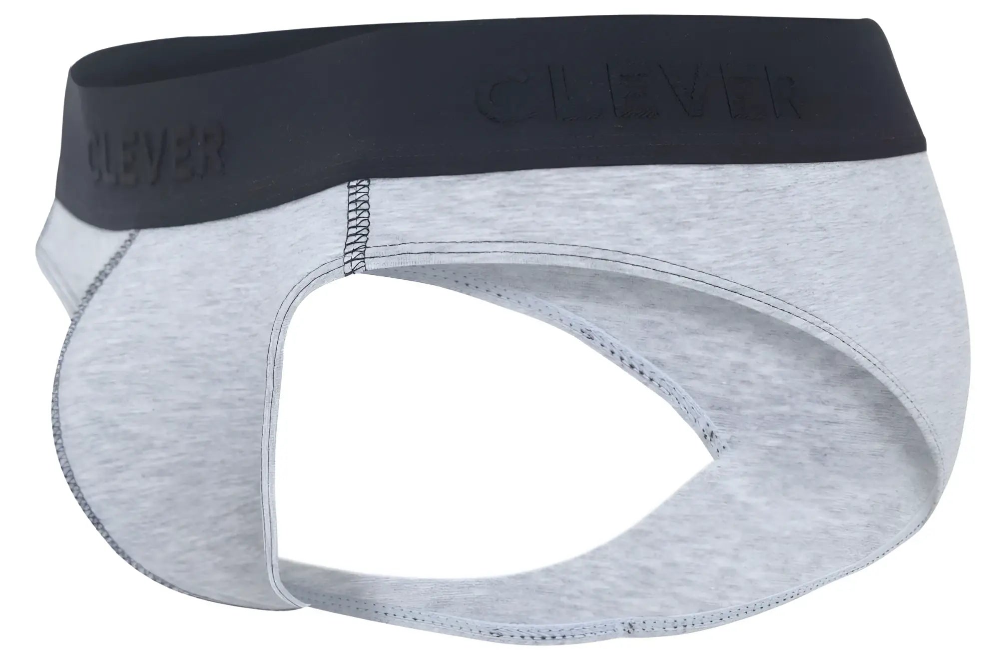 Gray heathered cotton briefs with a black elastic waistband featuring clever branding in dark gray color
