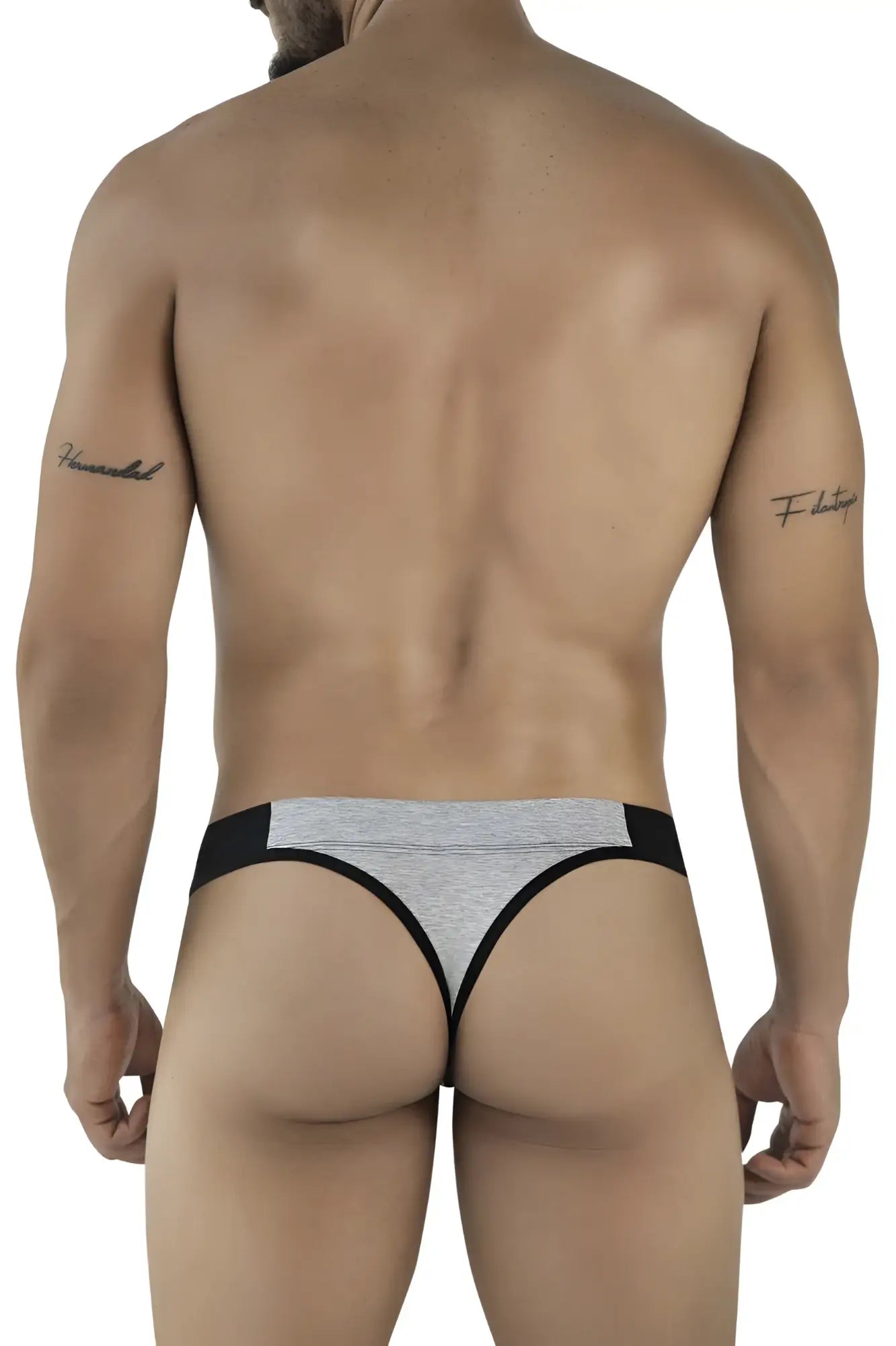Gray and black Clever 2046 Catamarca thong with textured fabric waistband showing back side details