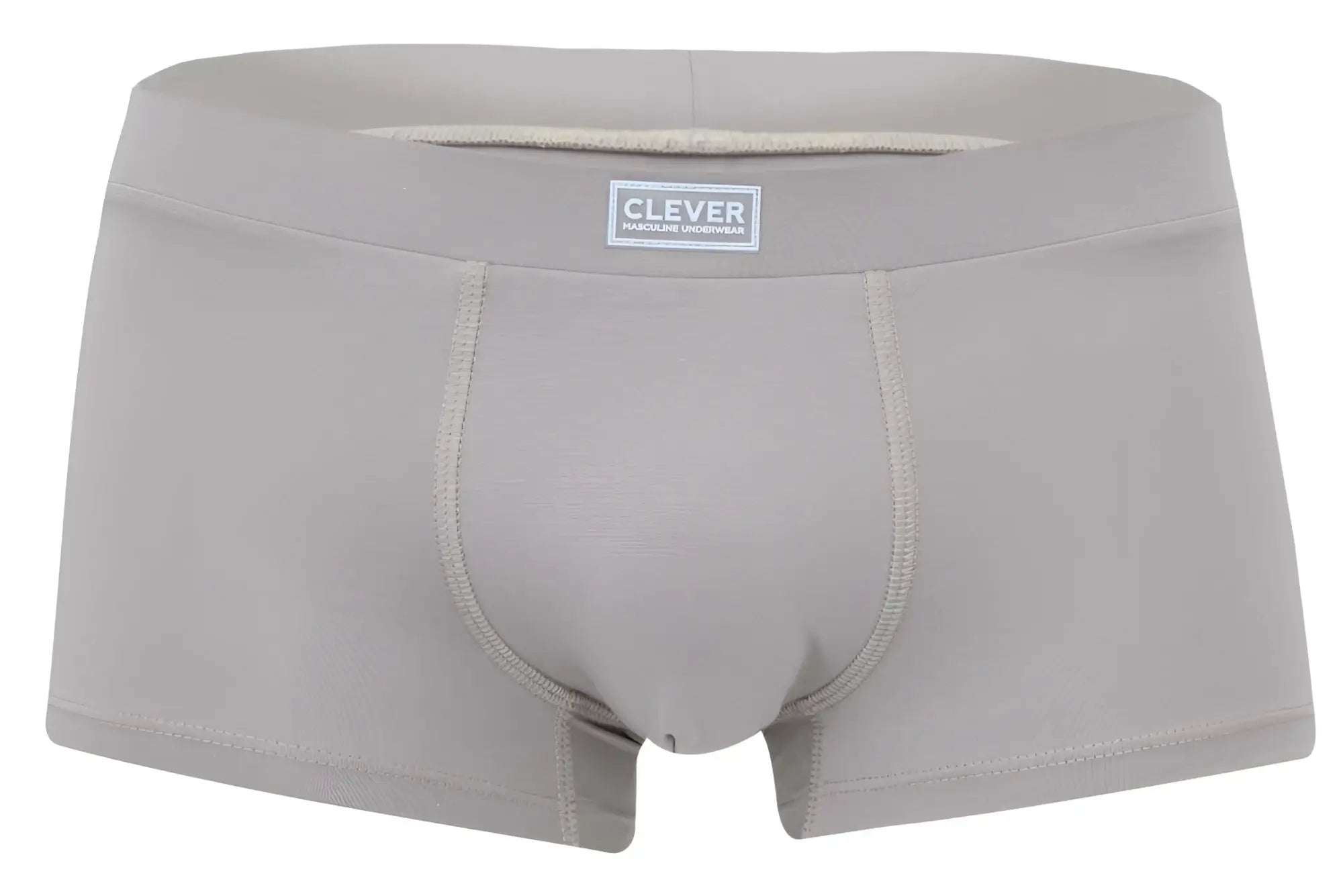 Gray men’s boxer briefs in sand color with subtle textured fabric and clever branded waistband label
