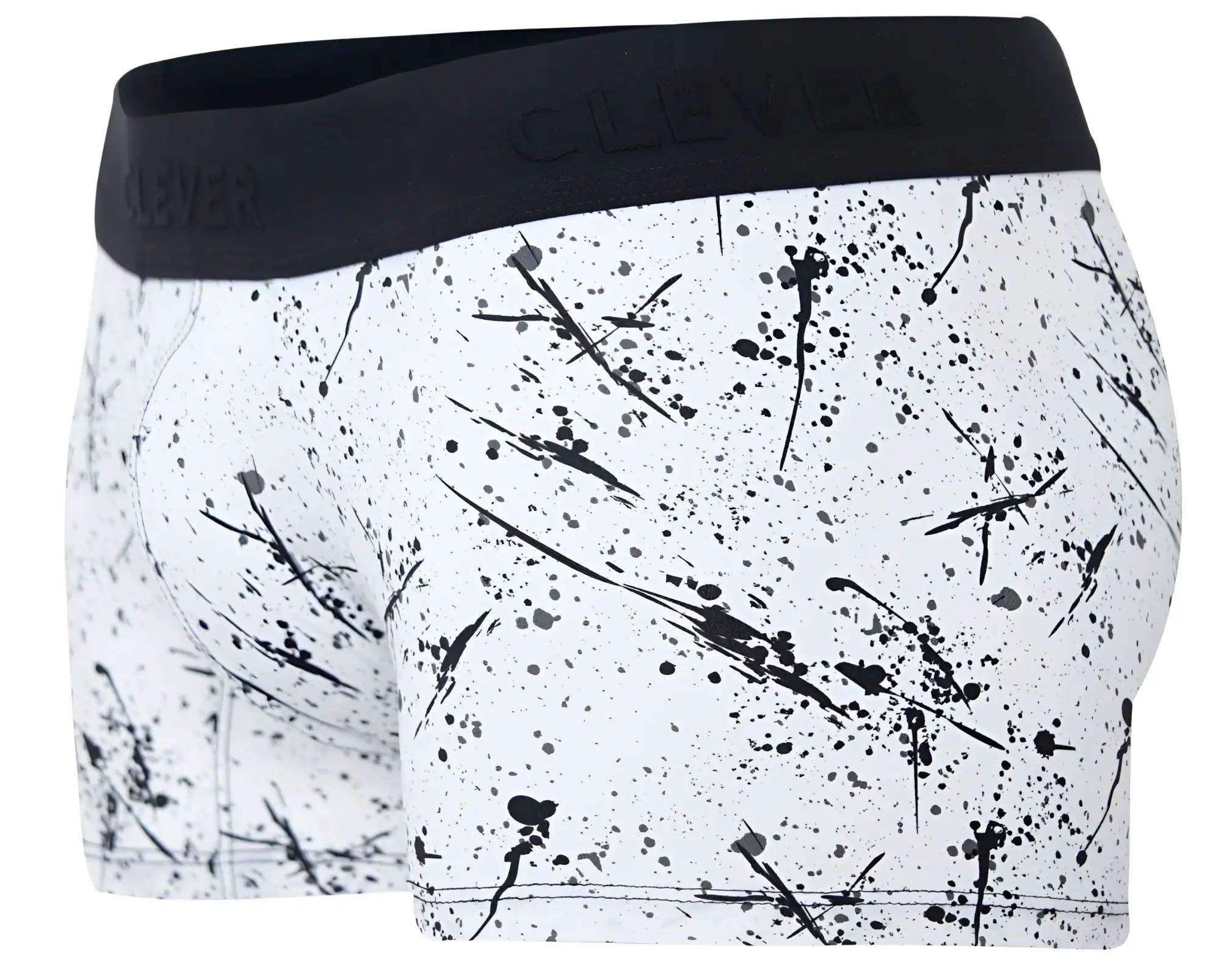 White boxer briefs with black paint splatter pattern and black waistband featuring clever brand name model 2050 brochazos trunks