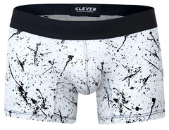 White boxer briefs with black splatter paint design and solid black waistband by clever 2050 brochazos trunks