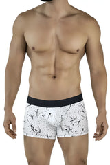 White boxer briefs clever 2050 brochazos trunks with black splatter pattern and solid black waistband