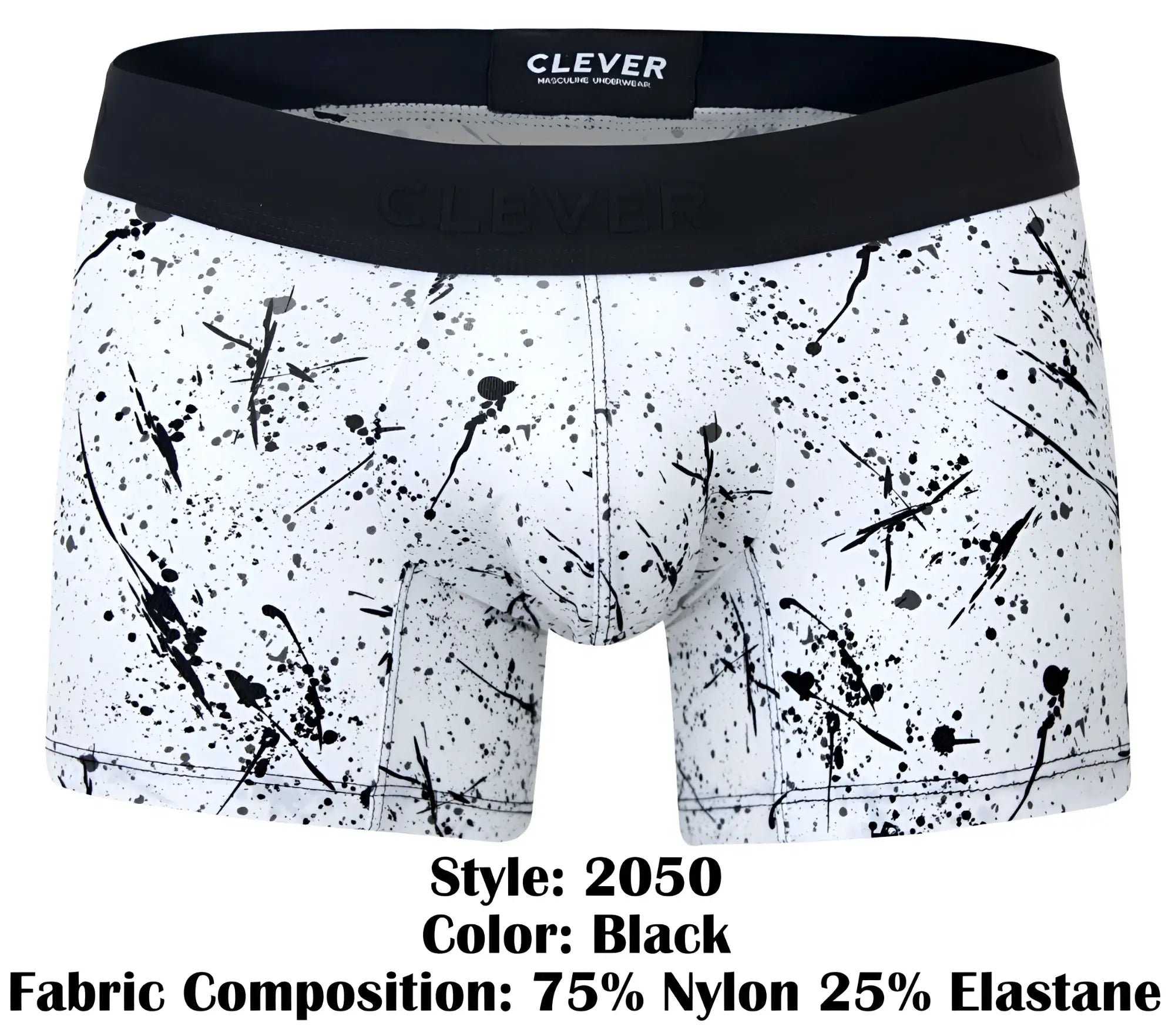 Black and white splatter patterned clever 2050 brochazos trunks boxer briefs with black elastic waistband