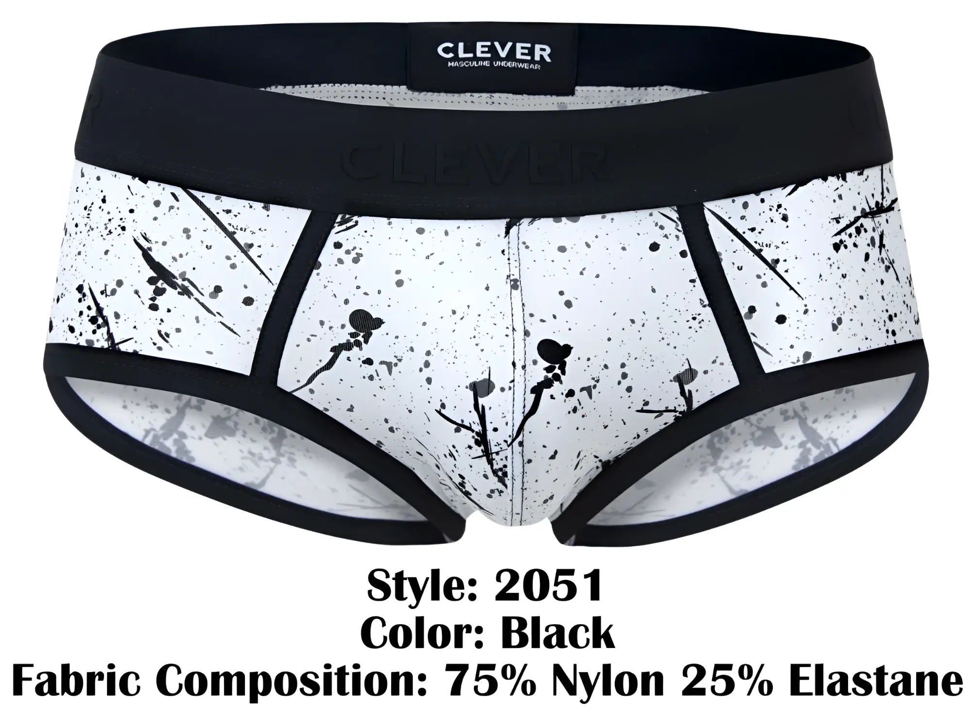 Black splatter-patterned clever 2051 brochazos men’s briefs with black waistband made of 75% nylon 25% elastane