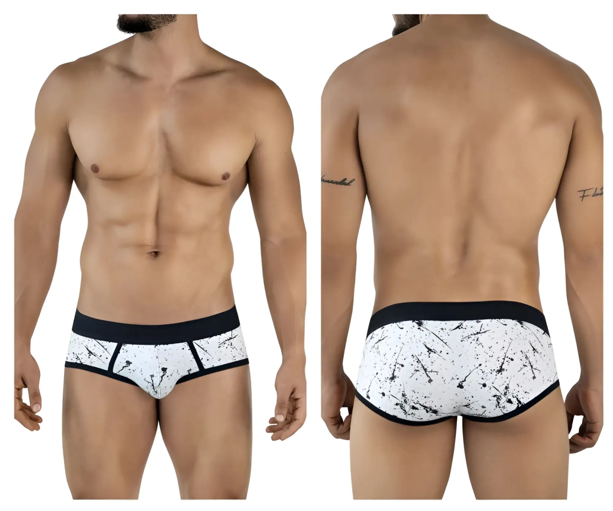 White Clever 2051 brochures briefs with black splatter pattern and solid black waistband for comfortable everyday wear