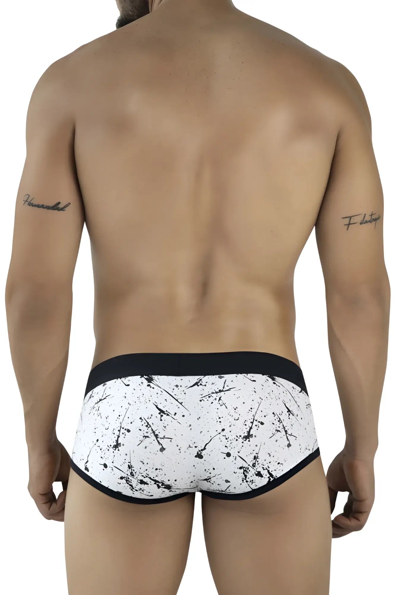White briefs with black splatter pattern and contrasting black waistband from clever 2051 brochazos briefs color black