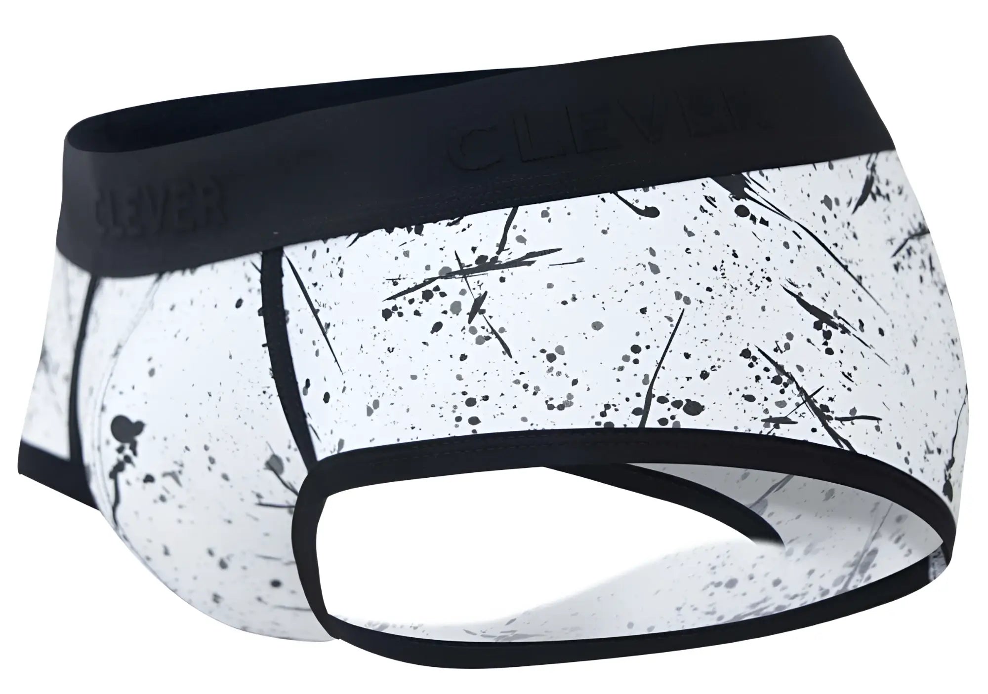 Clever 2051 brochazos briefs in black with white and black splatter pattern and branded elastic waistband