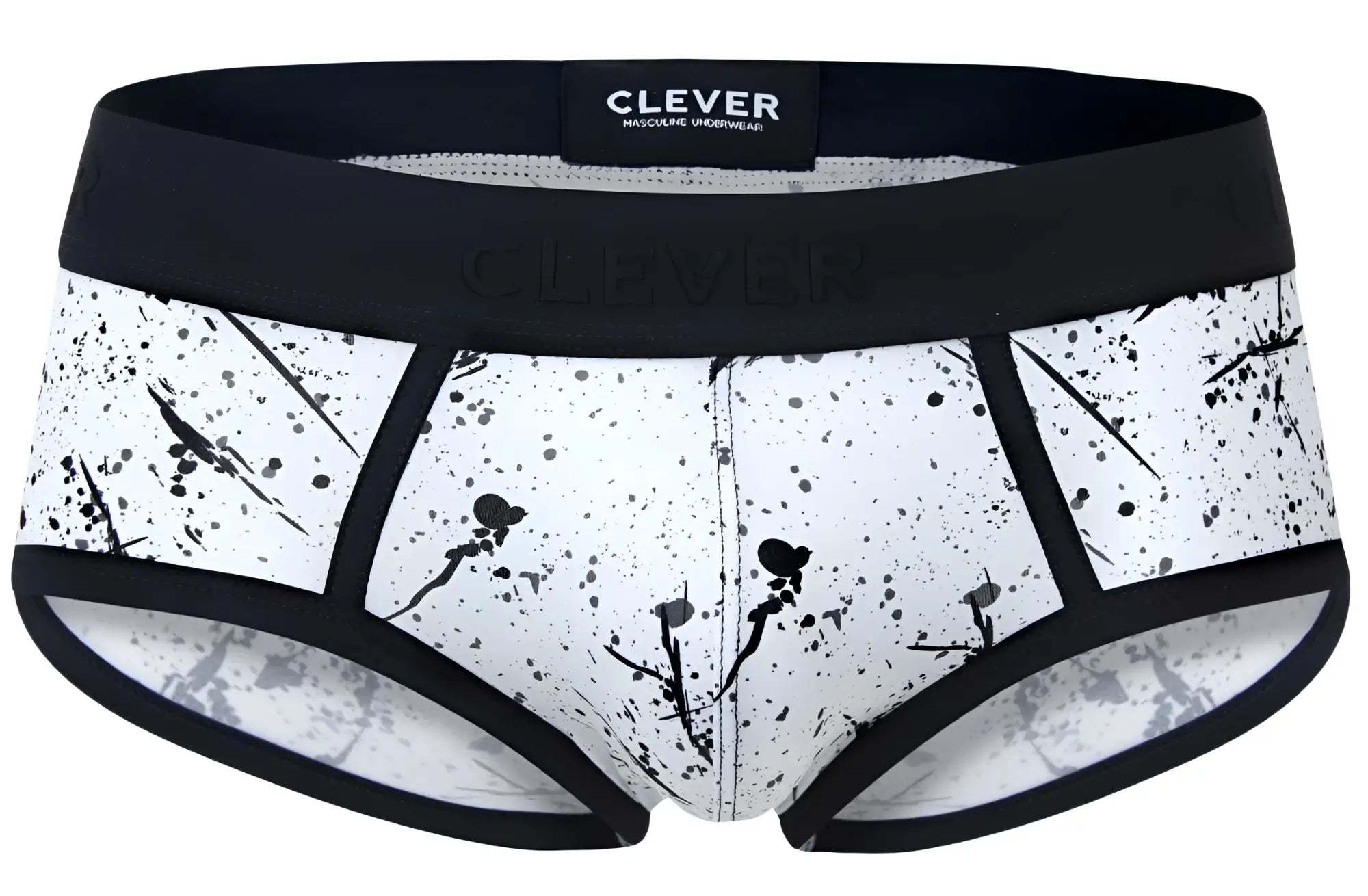 Clever 2051 brochazos briefs in black splatter pattern with black elastic waistband featuring clever brand label