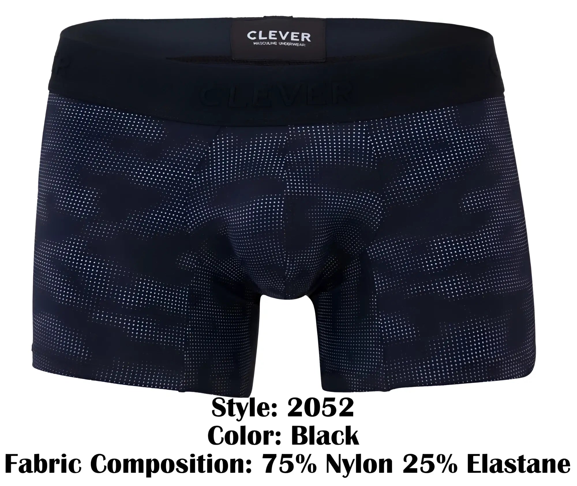 Black boxer briefs with subtle dot-patterned camouflage and branded elastic waistband clever 2052 militar trunks