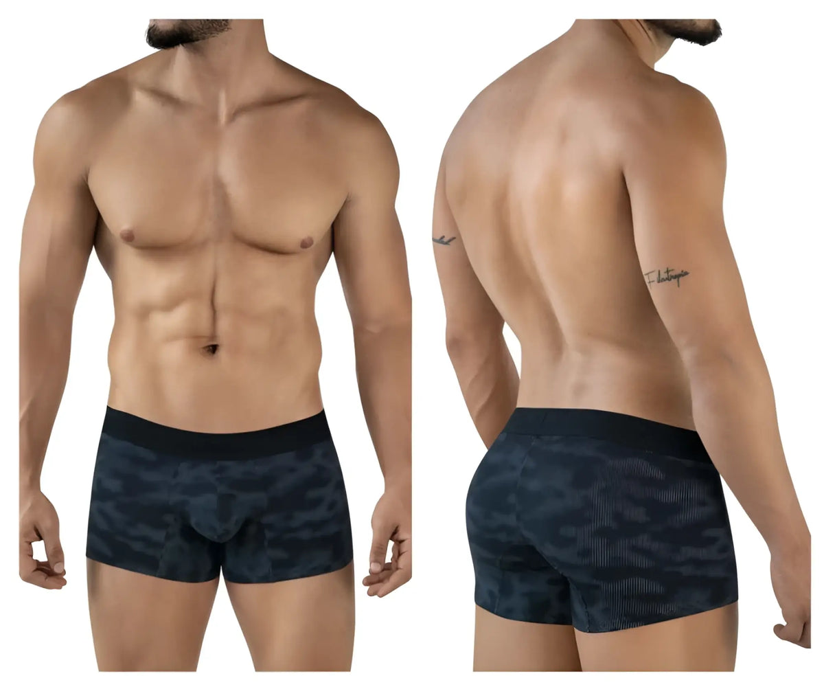 Black camouflage-patterned clever 2052 militar trunks with solid black waistband men’s boxer briefs front view