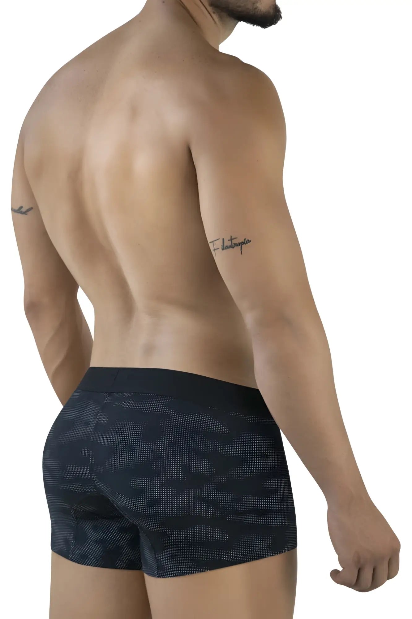Black and gray camouflage pattern men’s boxer briefs with solid black waistband clever 2052 militar trunks color black