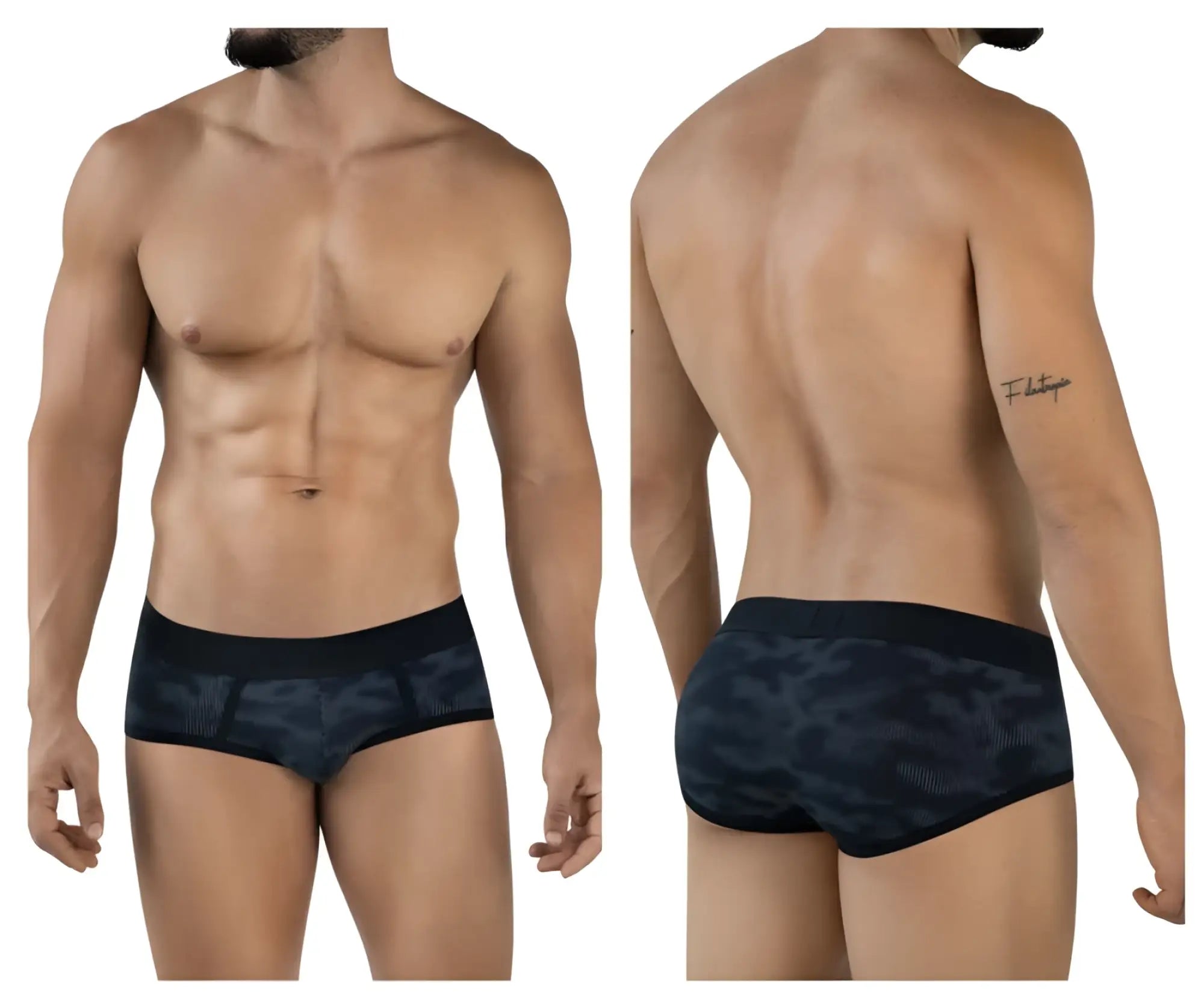 Black and gray camouflage men’s briefs with mesh texture clever 2053 militar briefs color black front view