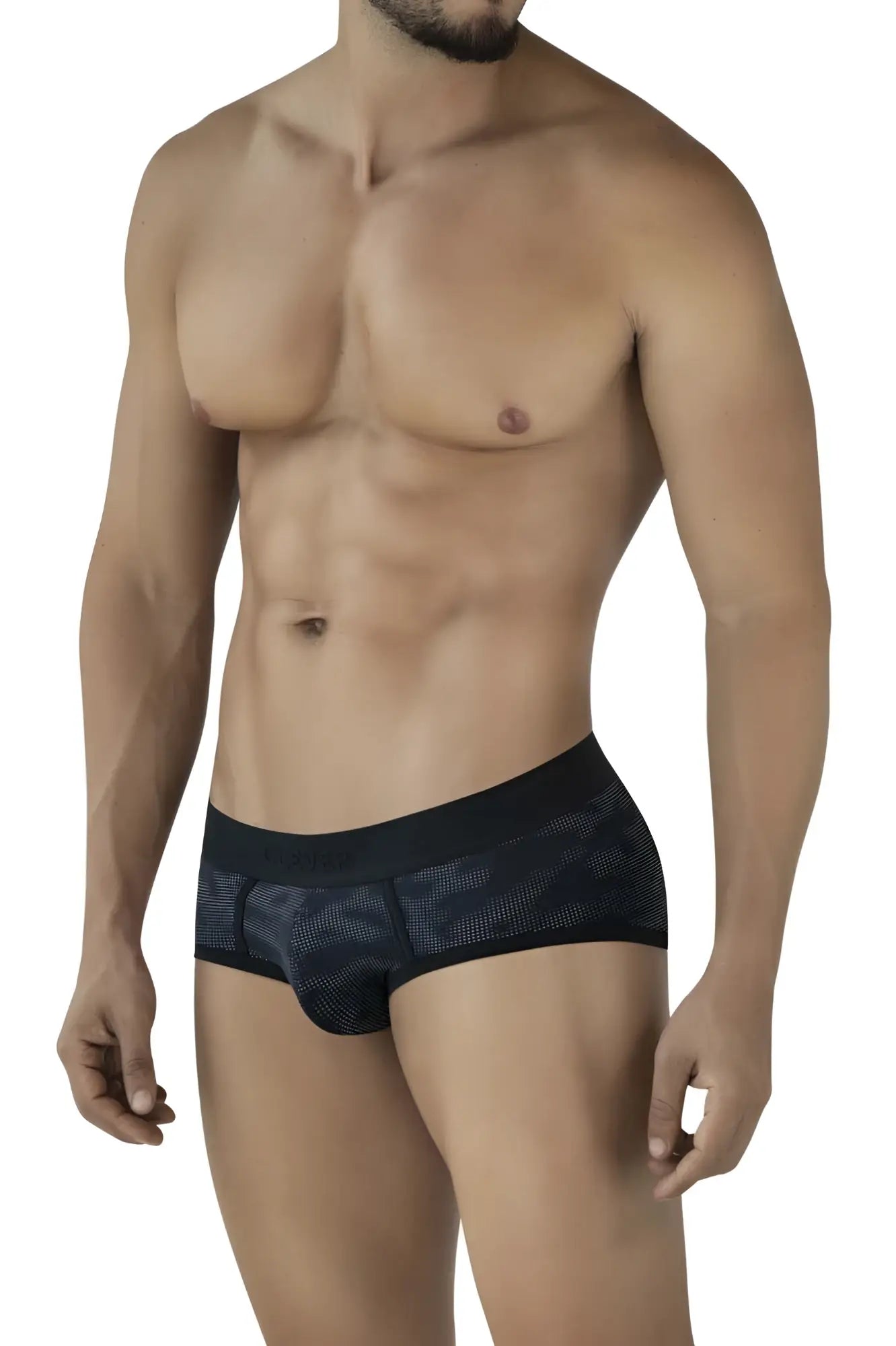 Black clever 2053 militar briefs made from mesh with a subtle patterned design shown from the front side