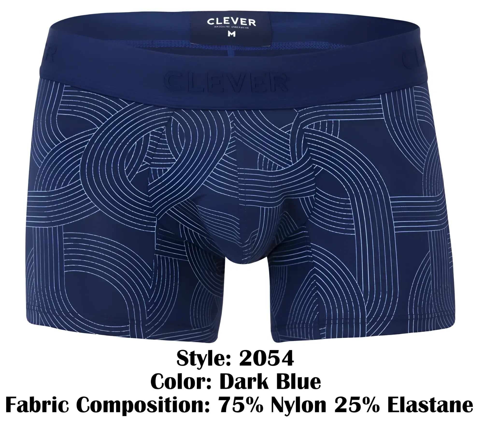 Dark blue clever 2054 men’s boxer briefs with subtle white geometric pattern and branded waistband front view
