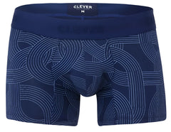 Navy blue men’s boxer briefs with white geometric lines and clever branding on the waistband in dark blue color