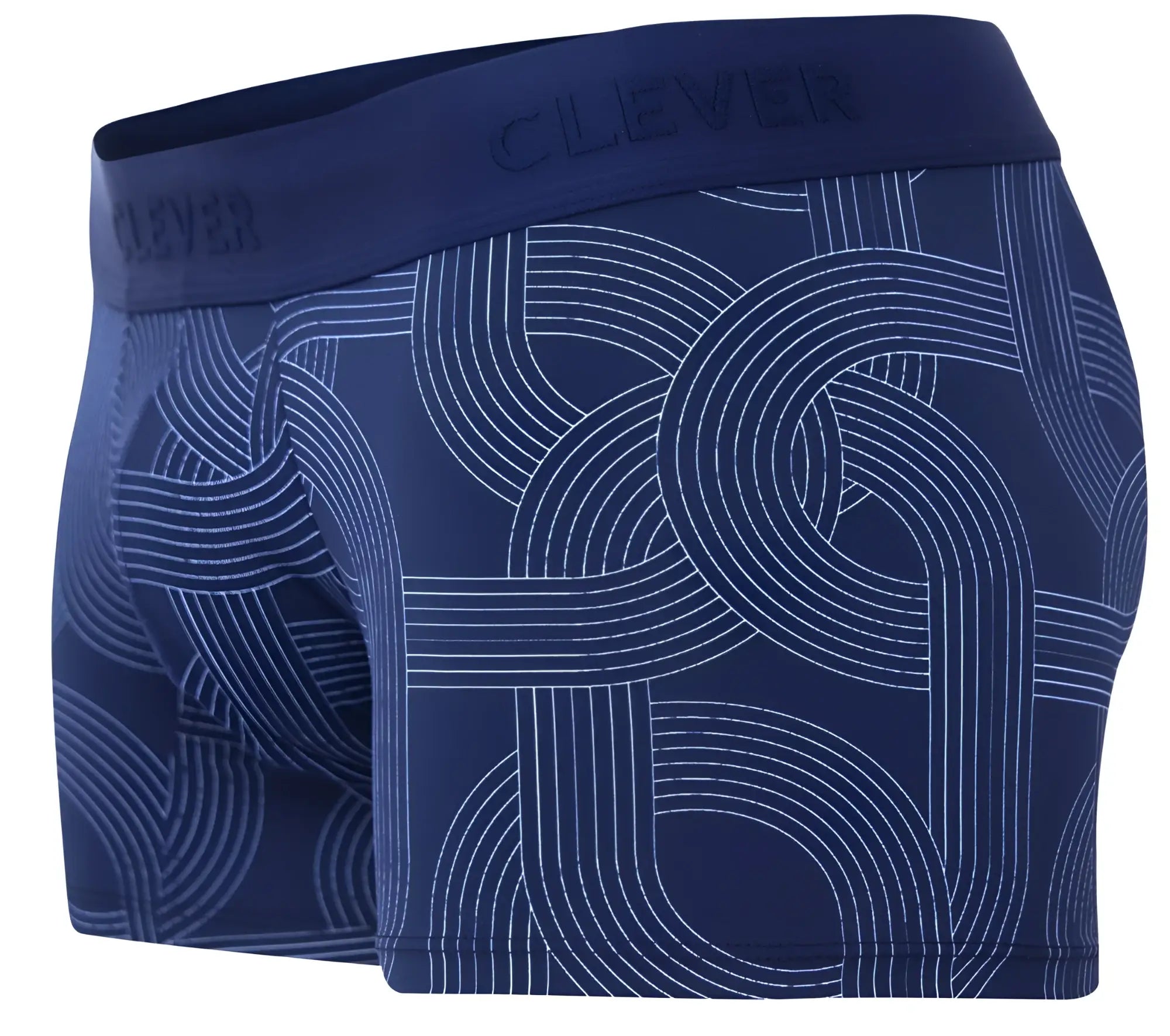 Navy blue clever 2054 men’s boxer briefs with white geometric lines and clever branding on the waistband