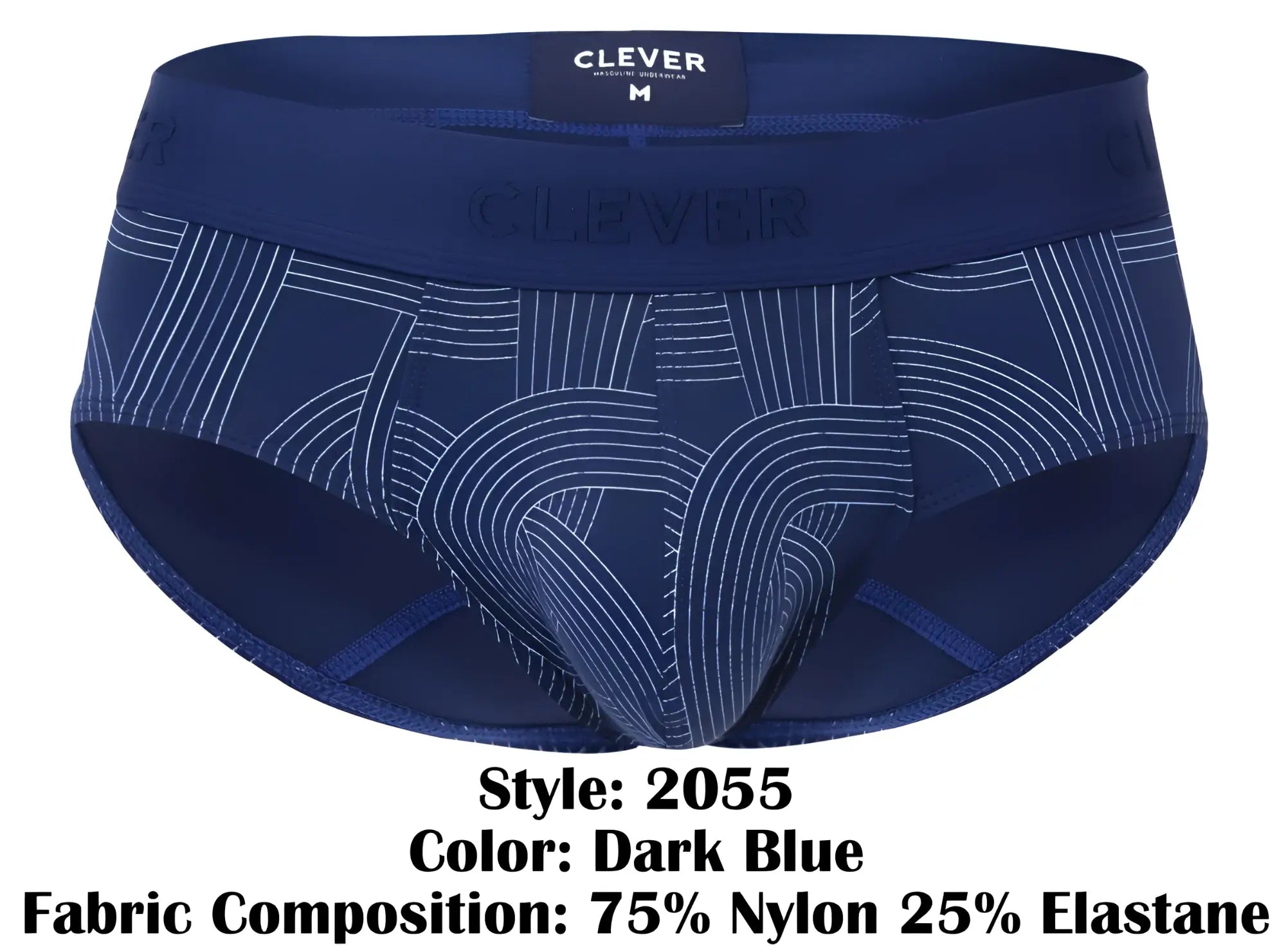 Dark blue clever 2055 men’s briefs with subtle white geometric pattern and elastic waistband with clever label