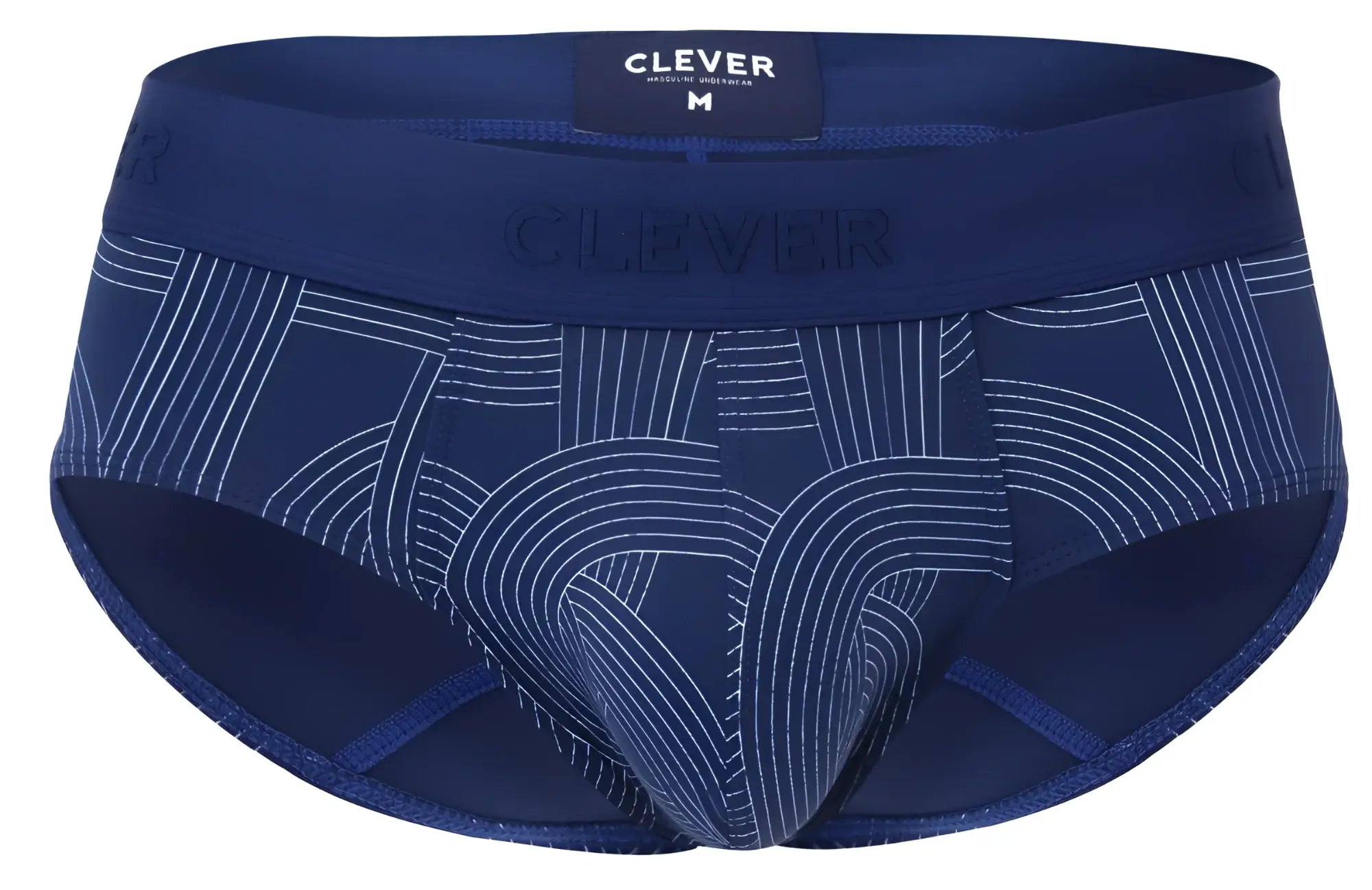 Navy blue clever 2055 men’s briefs with white geometric lines and branded waistband for comfortable daily wear