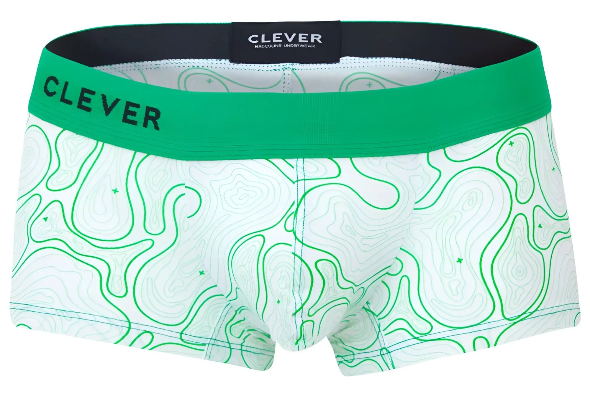 White boxer briefs with green topographic map pattern and bright green waistband featuring clever brand label