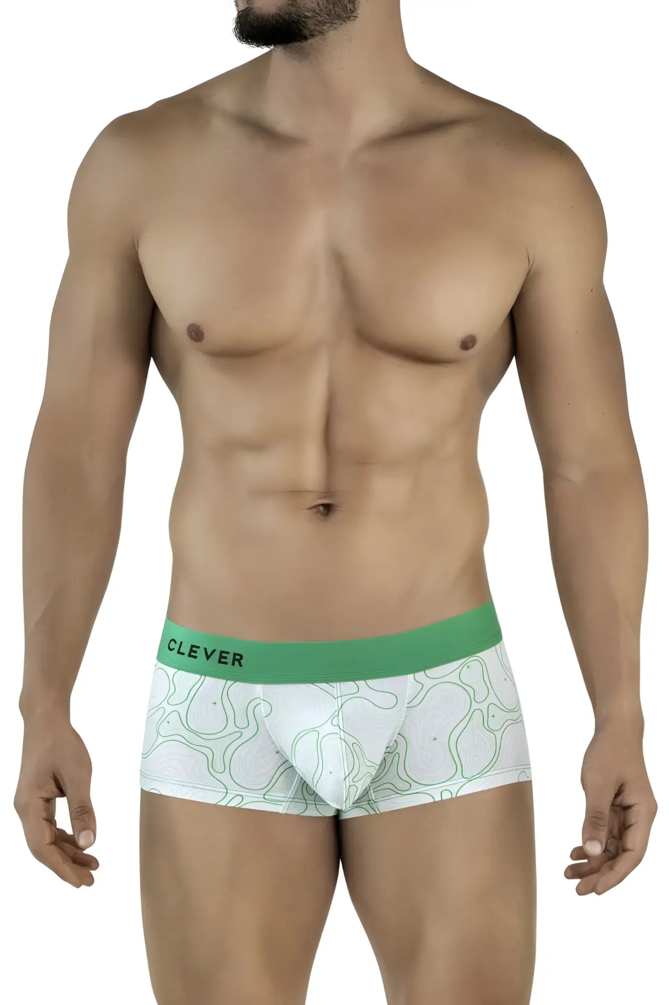 White clever 2056 maze trunks boxer briefs with green waistband and light green abstract line pattern