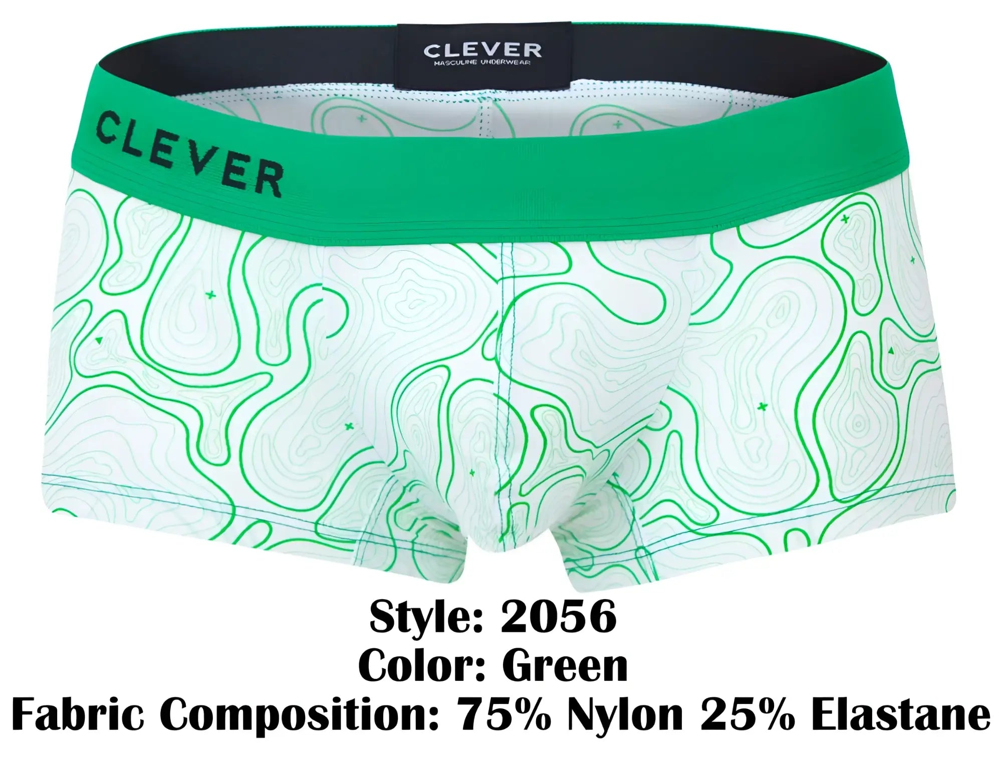 Green and white patterned clever 2056 maze trunks boxer briefs with bold green waistband for comfortable everyday wear