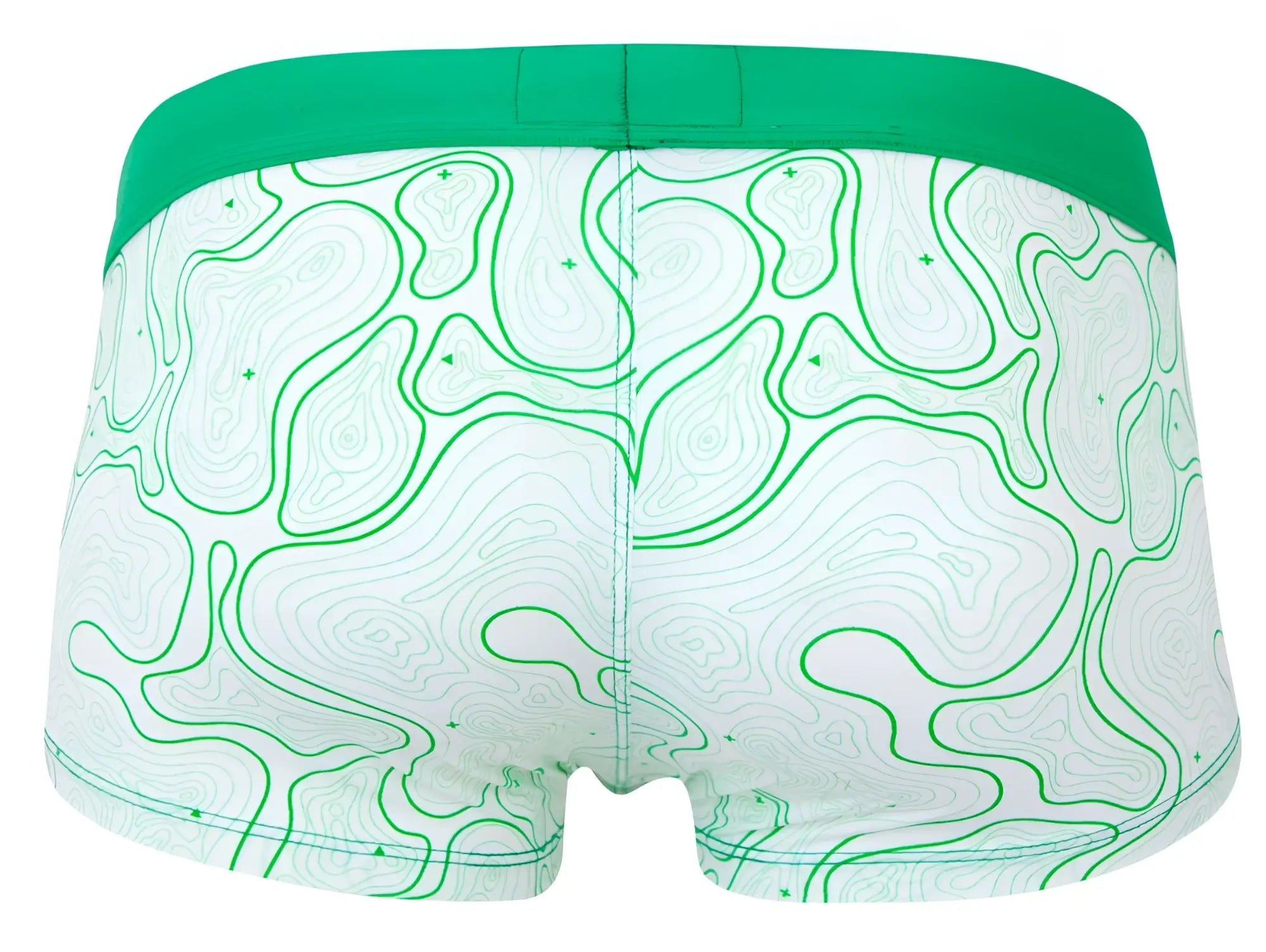 White briefs clever 2056 maze trunks in green with topographic map pattern and solid green waistband