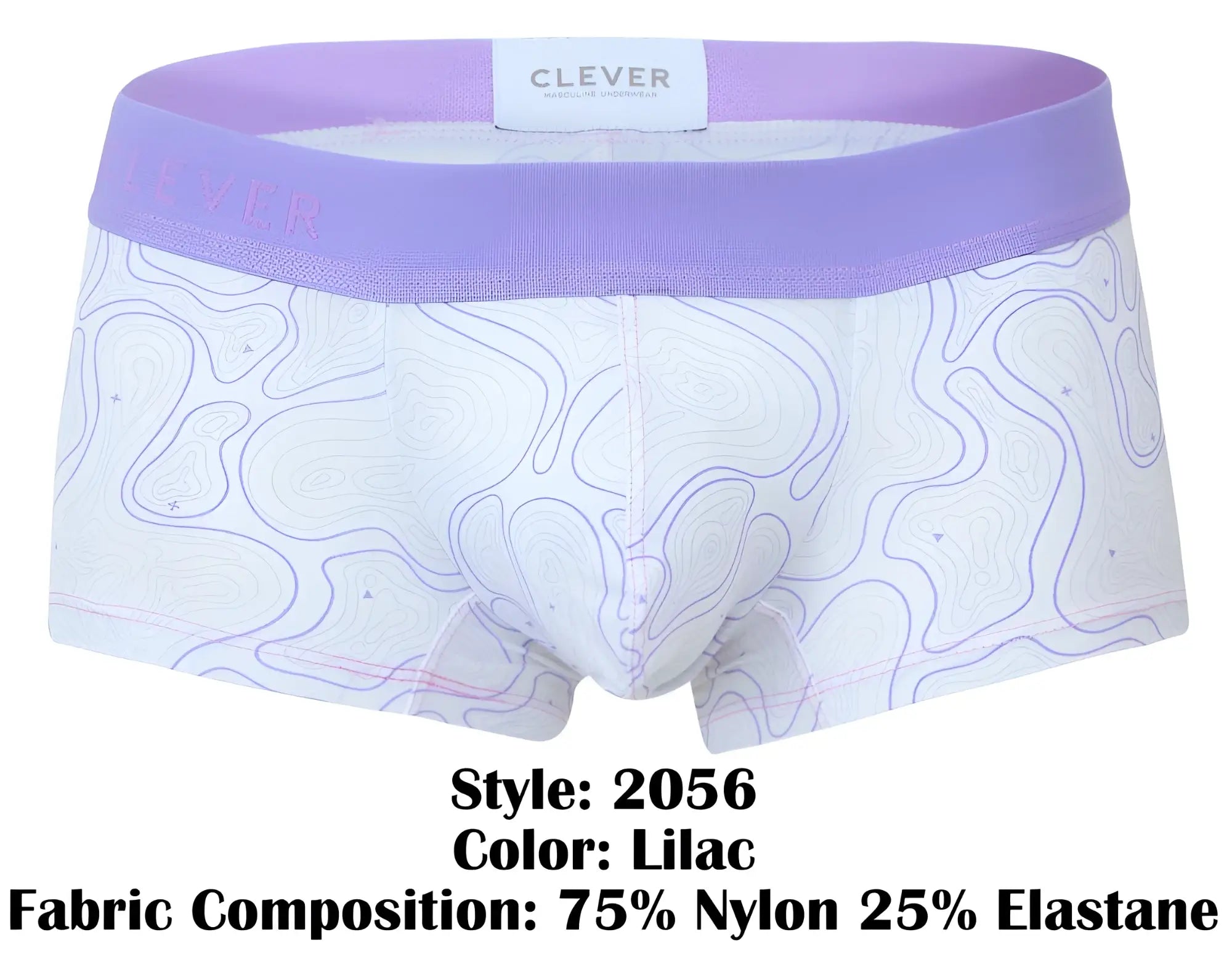 Lilac clever 2056 maze trunks men’s briefs with white base purple contour lines and matching lilac elastic waistband