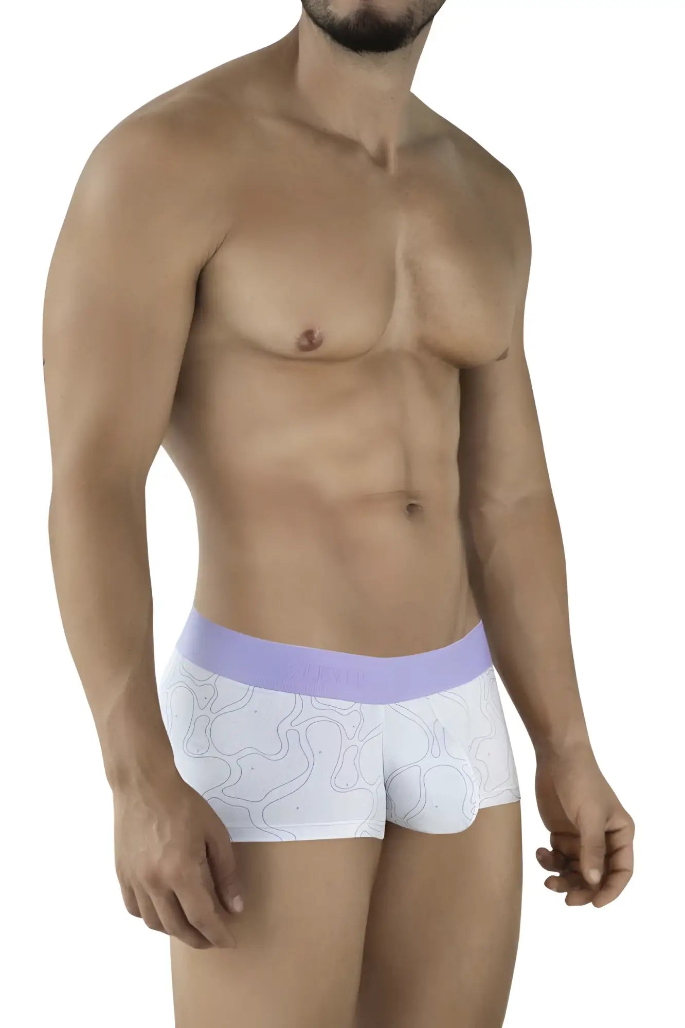 White boxer briefs clever 2056 maze trunks lilac with lavender elastic waistband and subtle gray abstract lines