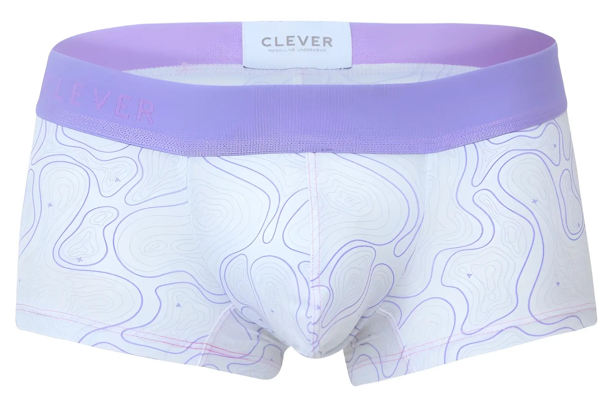 White boxer briefs with lavender waistband and purple contour lines featuring clever brand label from clever 2056 maze trunks
