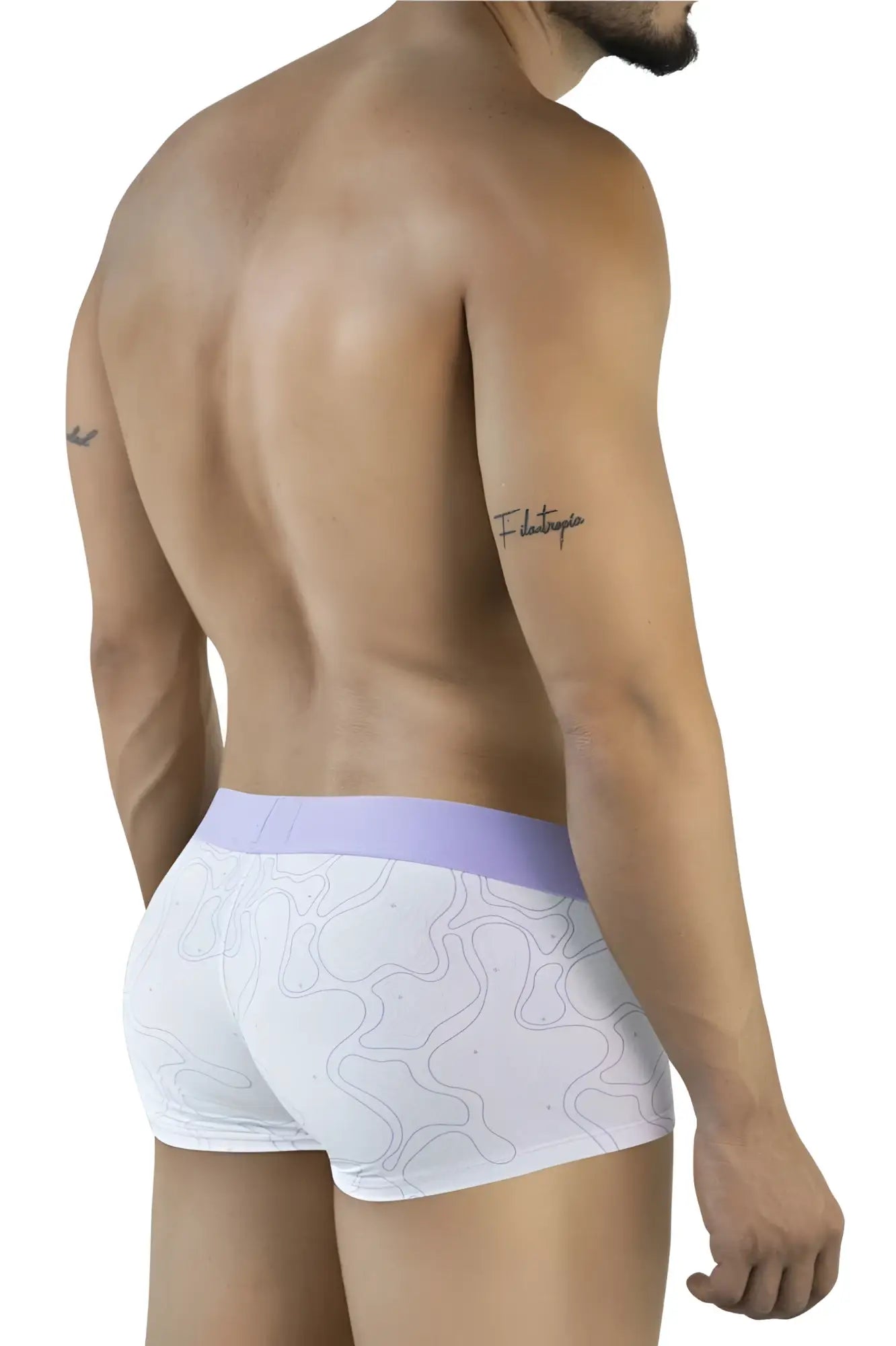 White clever 2056 maze trunks with lilac waistband and abstract light gray flowing line pattern on briefs front