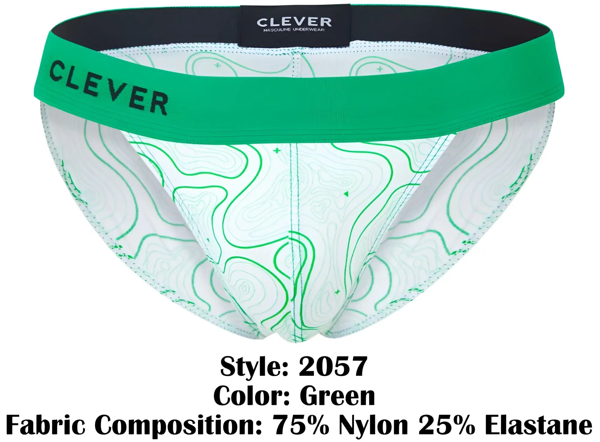 Men’s briefs in green and white maze pattern with bold green waistband featuring clever brand name in color green