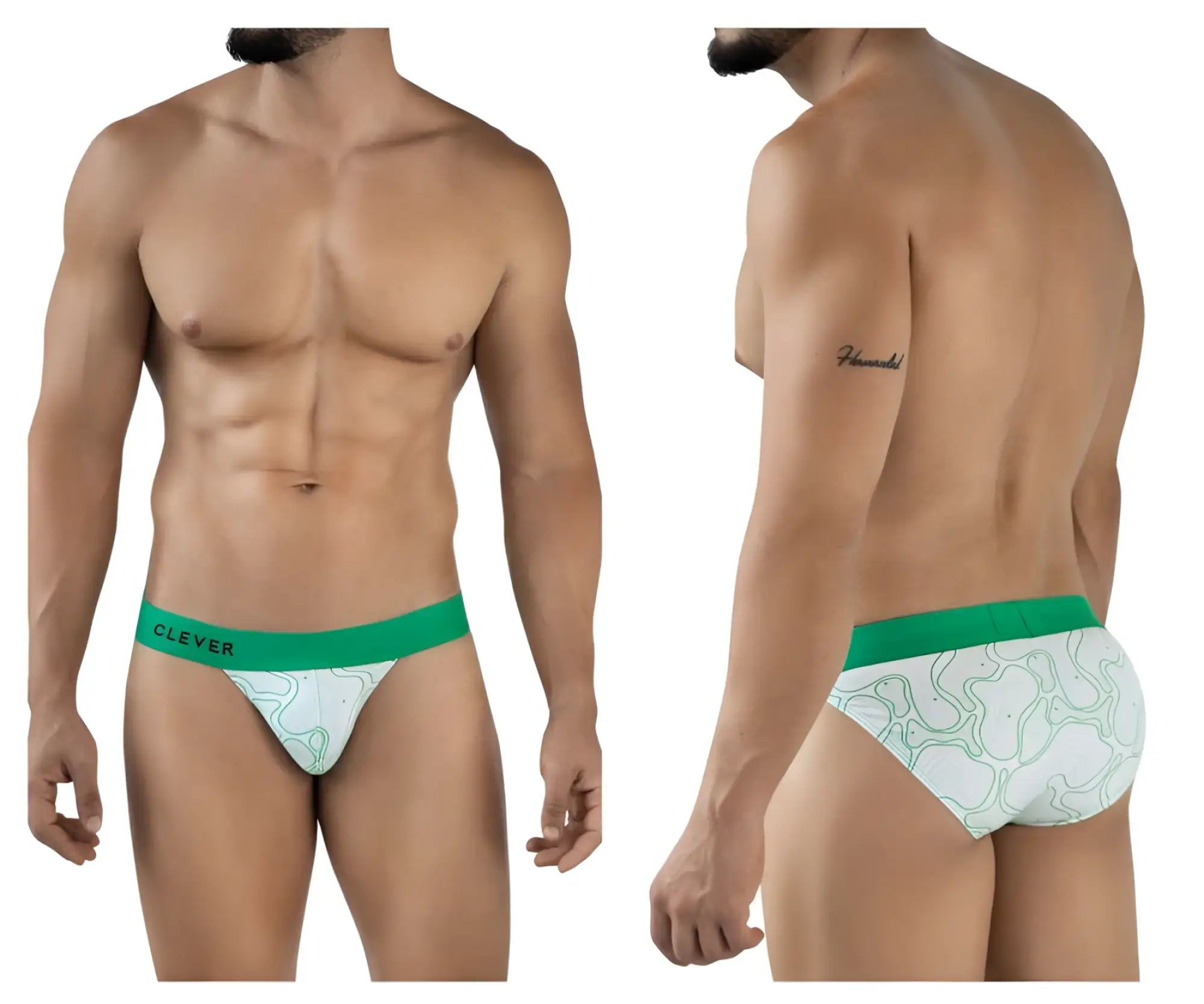 Men’s briefs clever 2057 maze bikini green with white pattern and bold green waistband featuring clever brand name