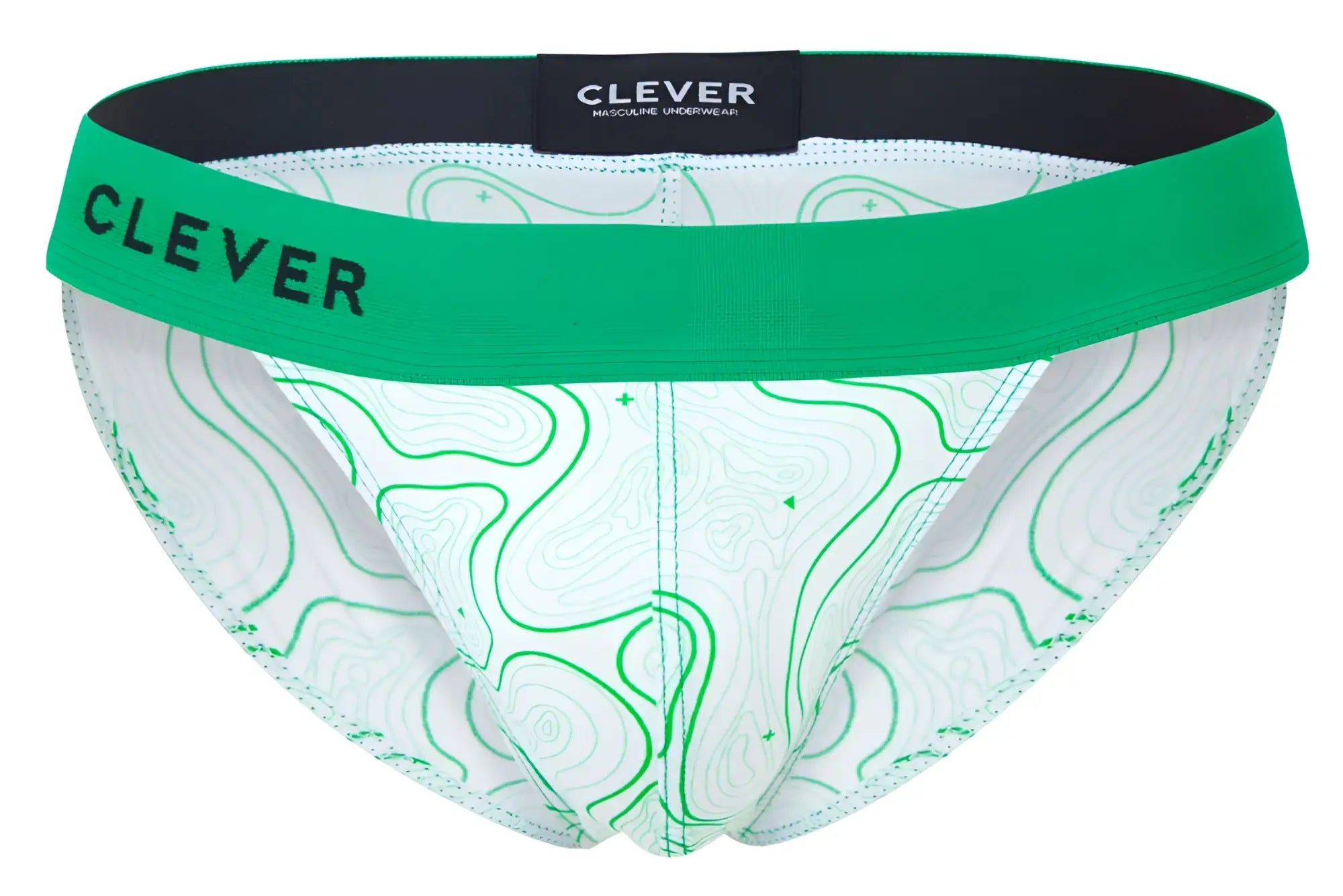 Green and white topographic patterned clever 2057 maze bikini underwear with bold green waistband and brand name