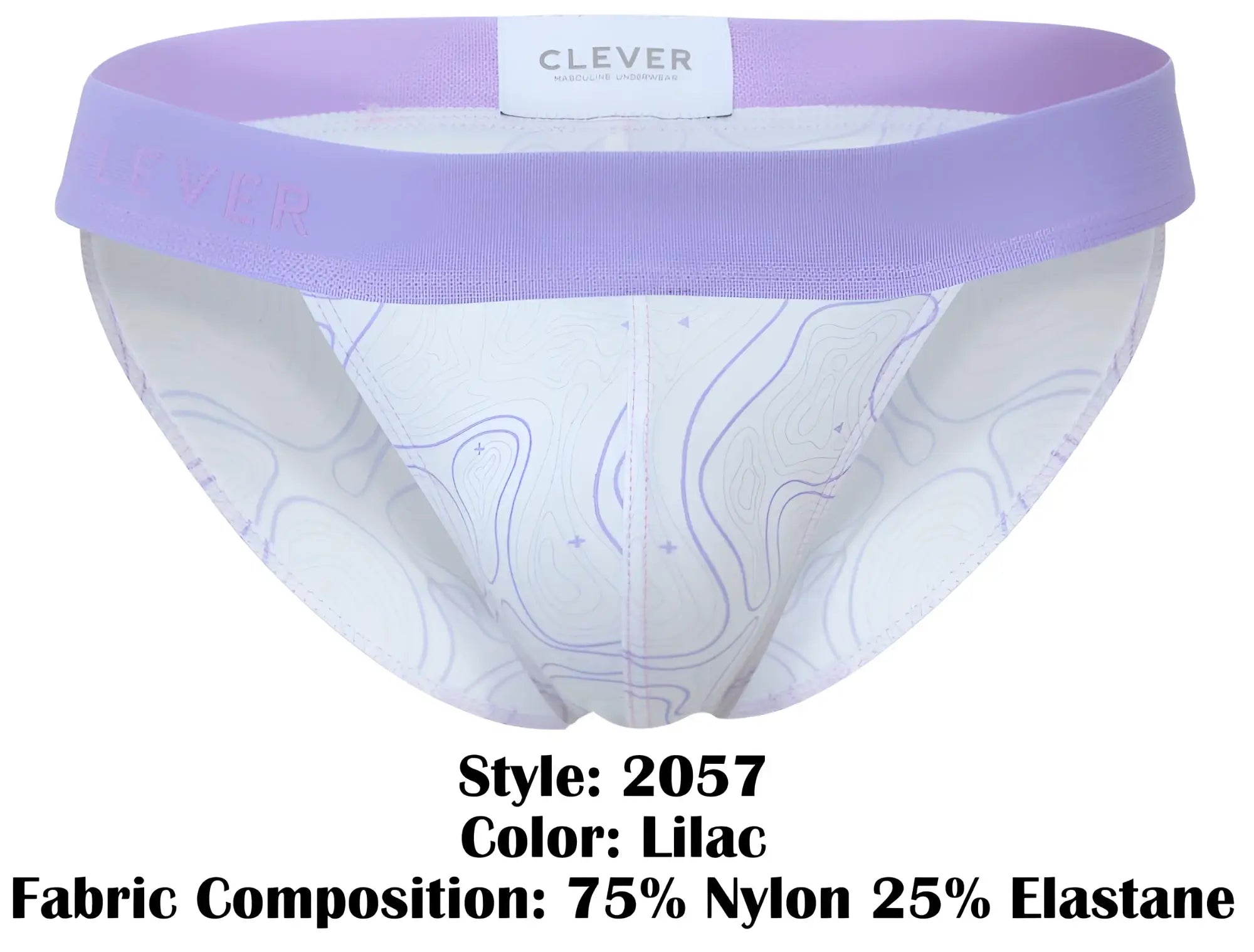 Clever 2057 maze bikini in lilac featuring white fabric with subtle purple contours and an elastic waistband