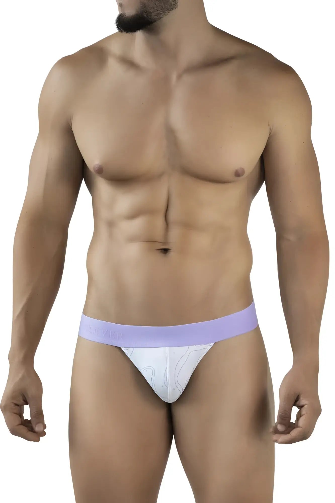 White thong bikini with lavender waistband and subtle white pattern from clever 2057 maze bikini lilac collection