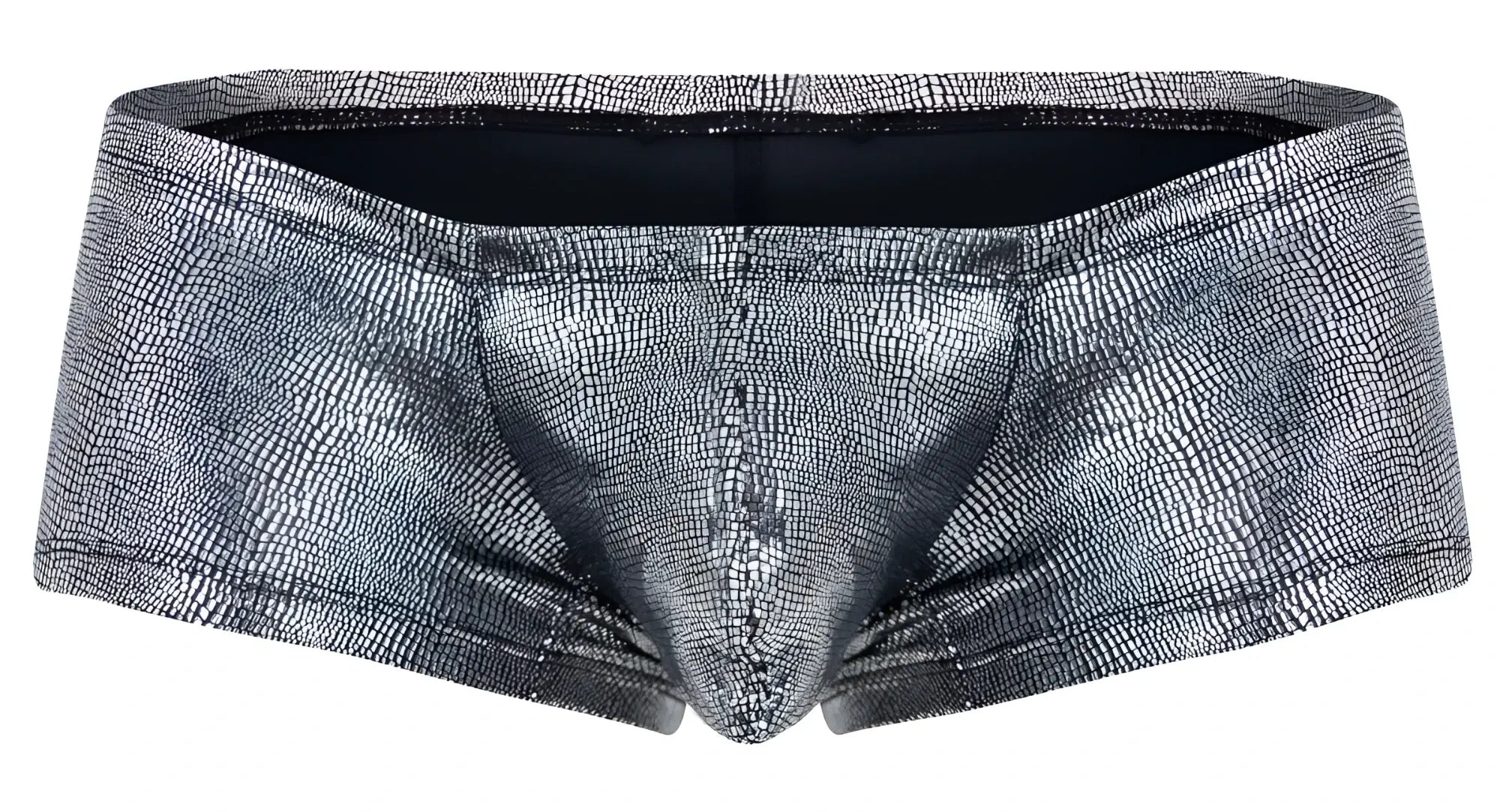 Silver metallic briefs with textured crocodile skin pattern from clever 2058 sparkles trunks in black color