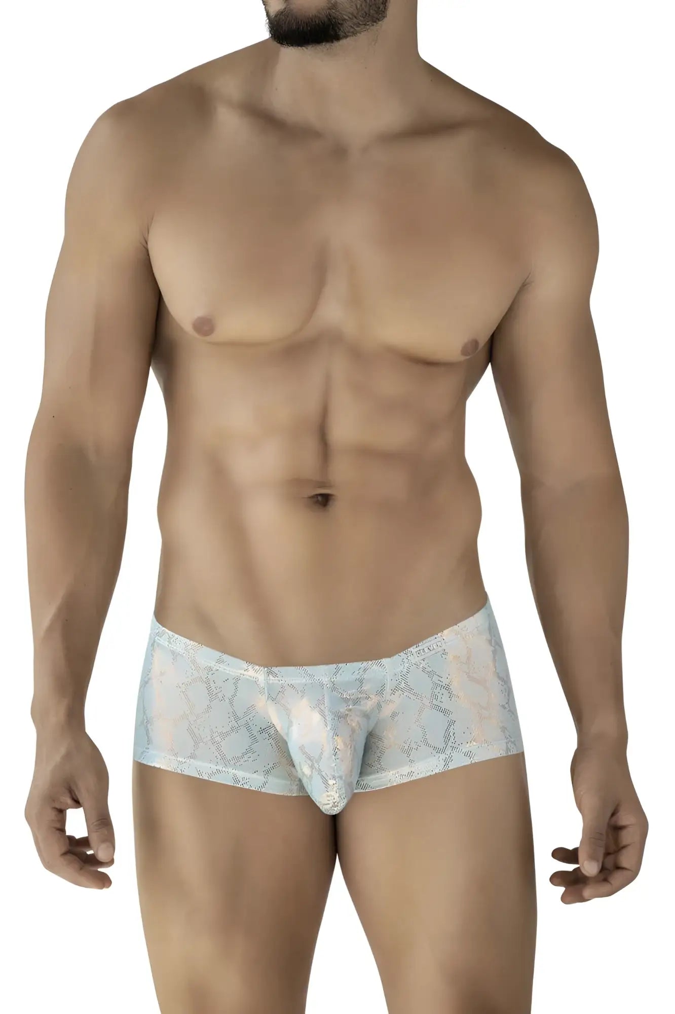 Light blue lace-trimmed men’s briefs with subtle pattern clever 2061 diamond trunks color blue front view