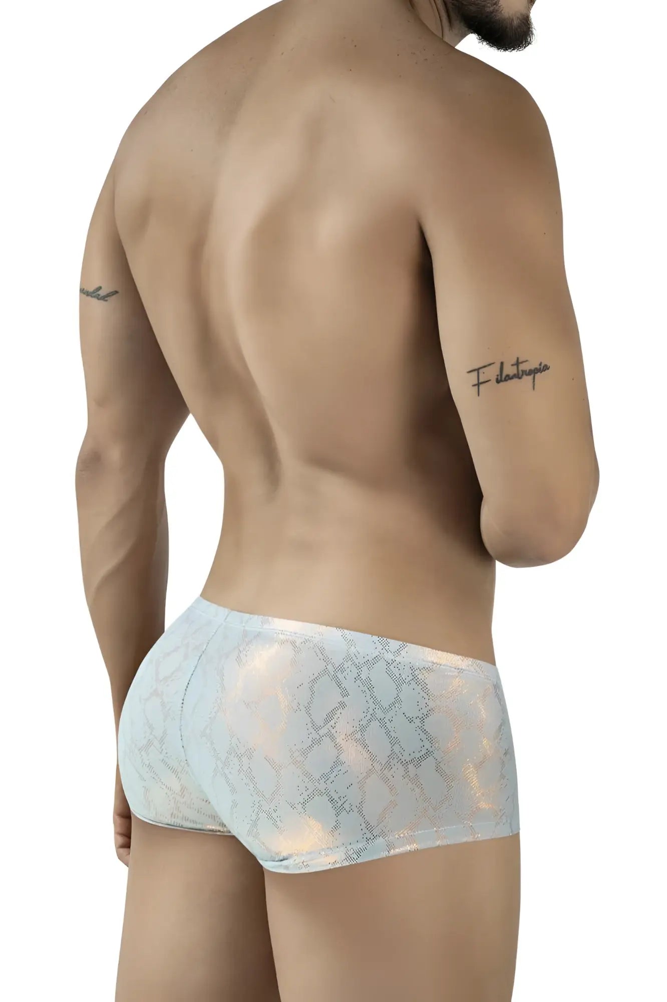 Light blue and white snakeskin patterned men’s briefs with sheer shimmering texture clever 2061 diamond trunks