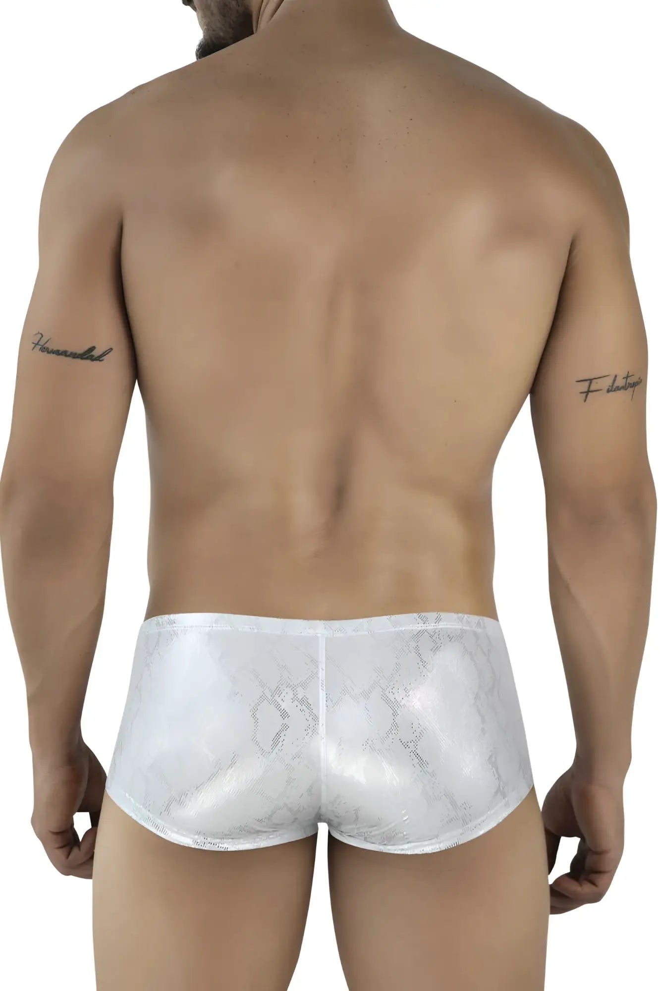 White satin briefs with a subtle glossy snake scale pattern in silver color from clever 2061 diamond trunks collection
