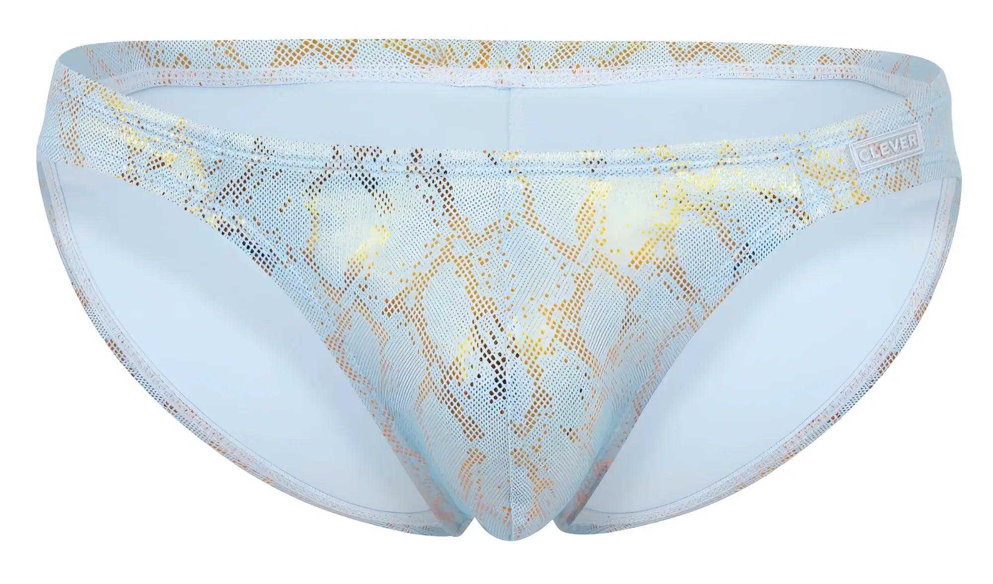 Light blue and gold snake-print swim trunks with mesh fabric design from clever 2062 diamond briefs color blue