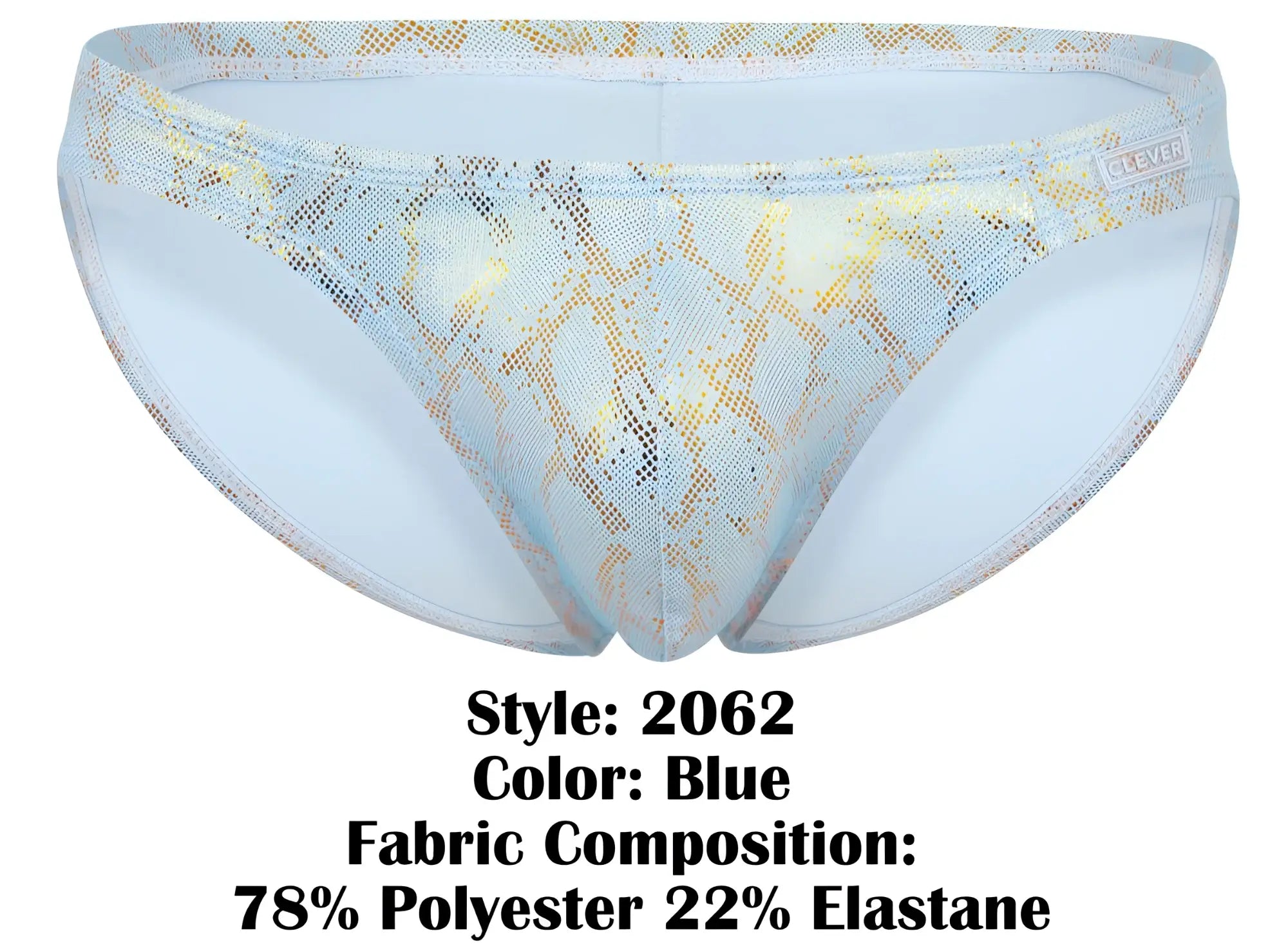 Light blue clever 2062 diamond briefs swim trunks with shimmering gold snake-scale pattern and mesh detailing