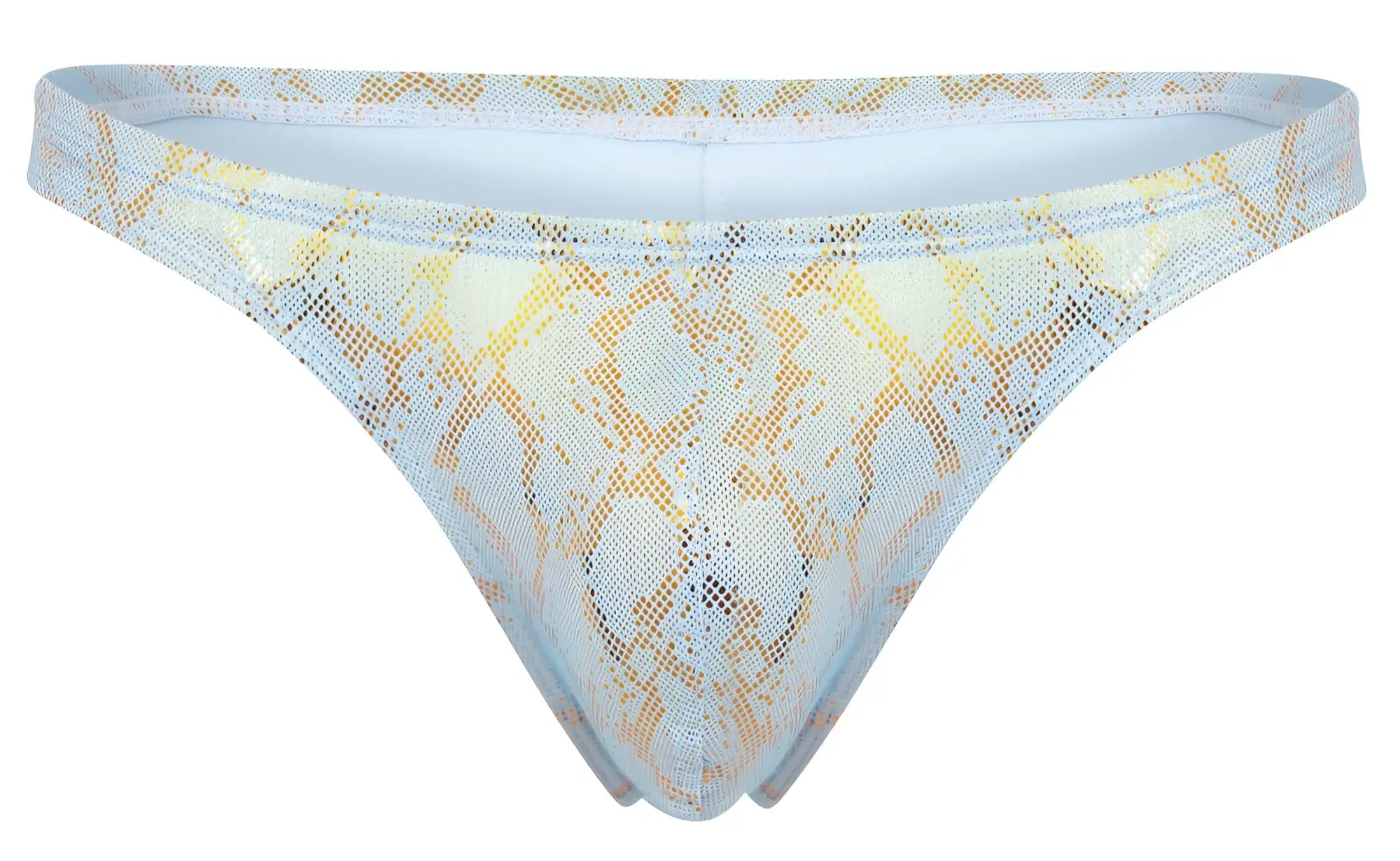 Light blue and gold snake print mesh thong clever 2063 diamond thongs color blue shown from the back side