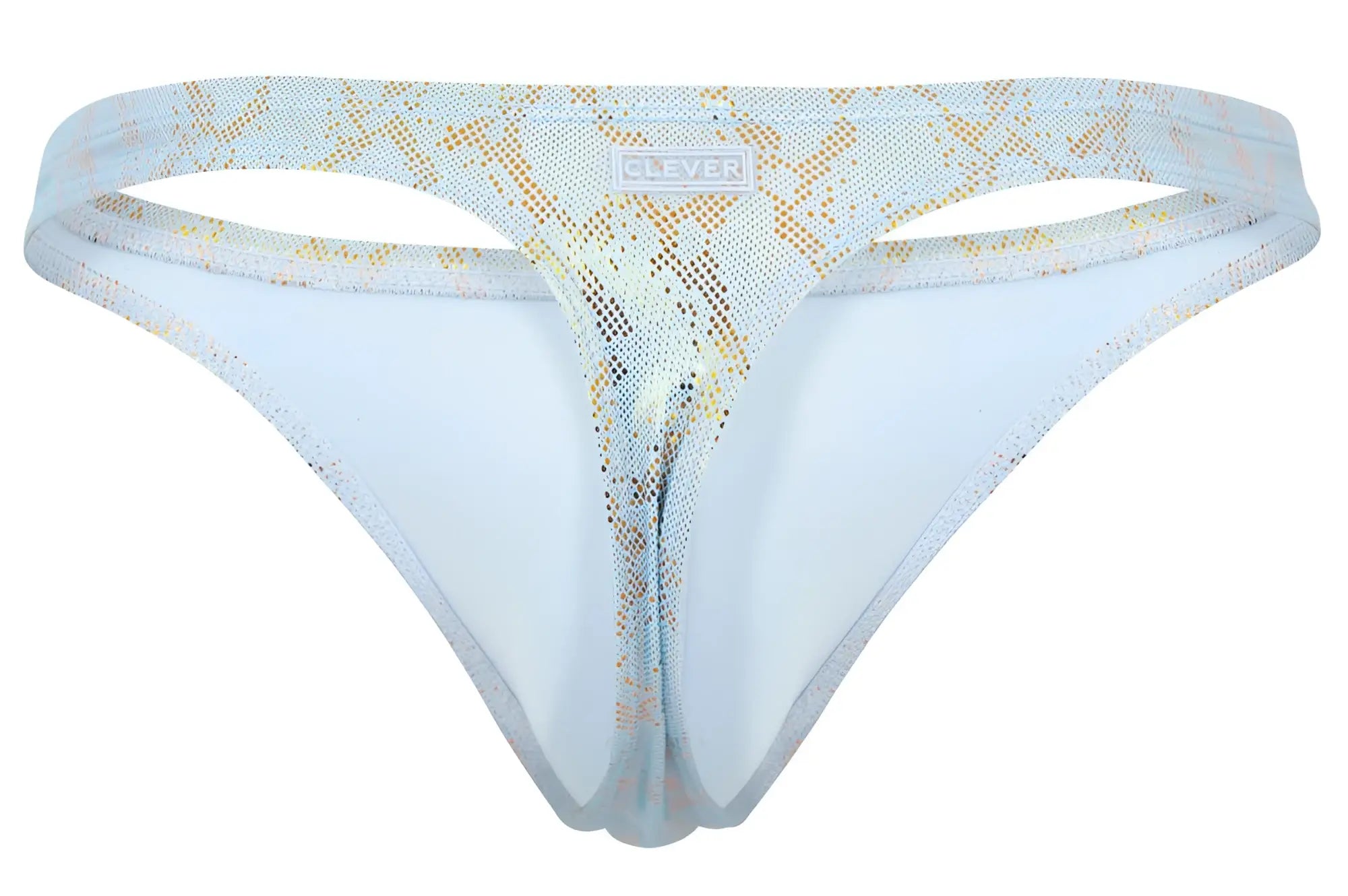 Light blue and gold snake print thong with sheer mesh and clever brand label on waistband from clever 2063 diamond thongs