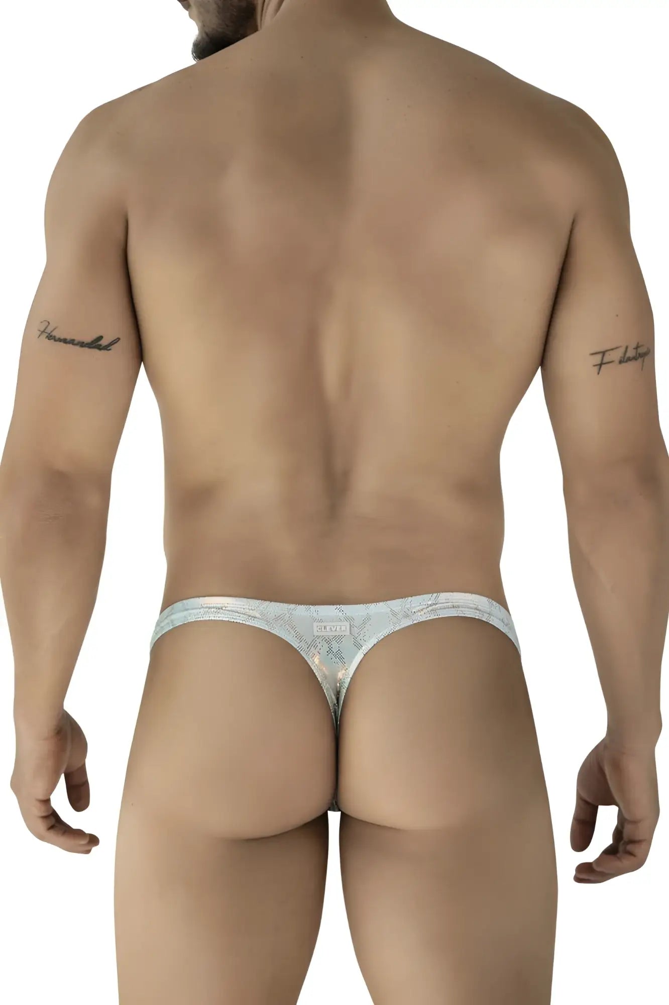 Silver and white patterned Clever 2063 Diamond thong in blue with subtle intricate design showing front side details
