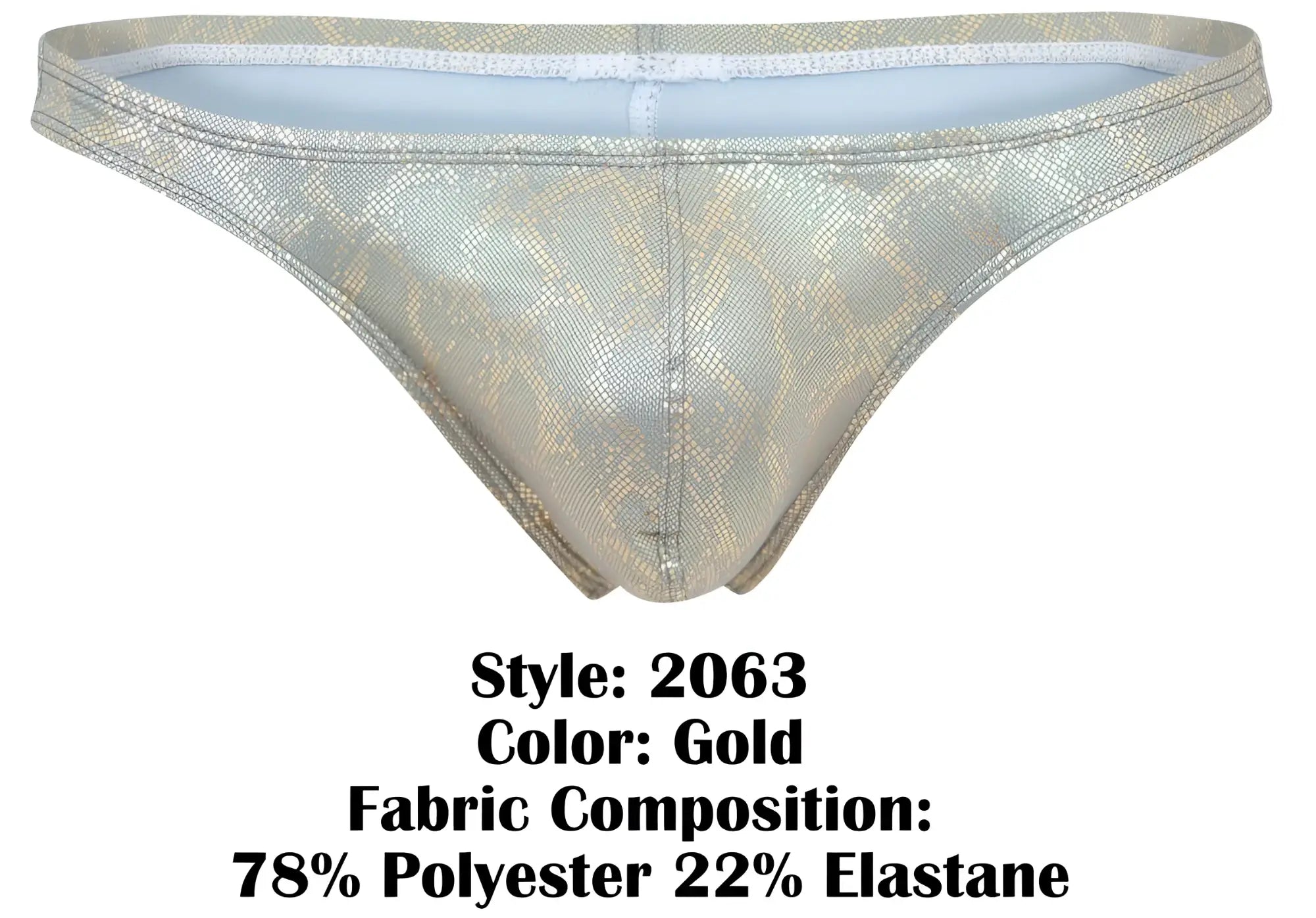 Gold clever 2063 diamond thong with shiny snakeskin pattern made of 78% polyester and 22% elastane fabric