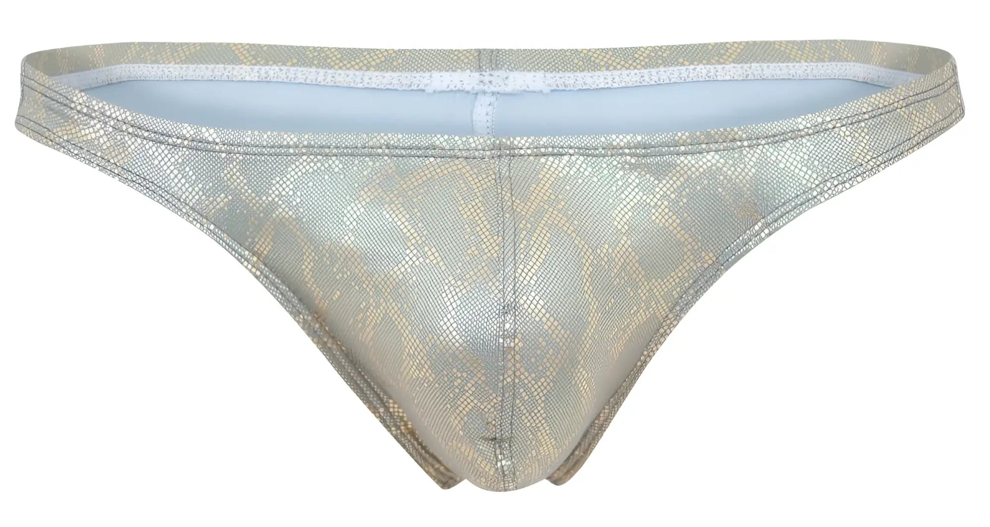 Shiny metallic gold snake skin patterned thong with white lace trim and light blue interior lining from Clever 2063 Diamond Thongs